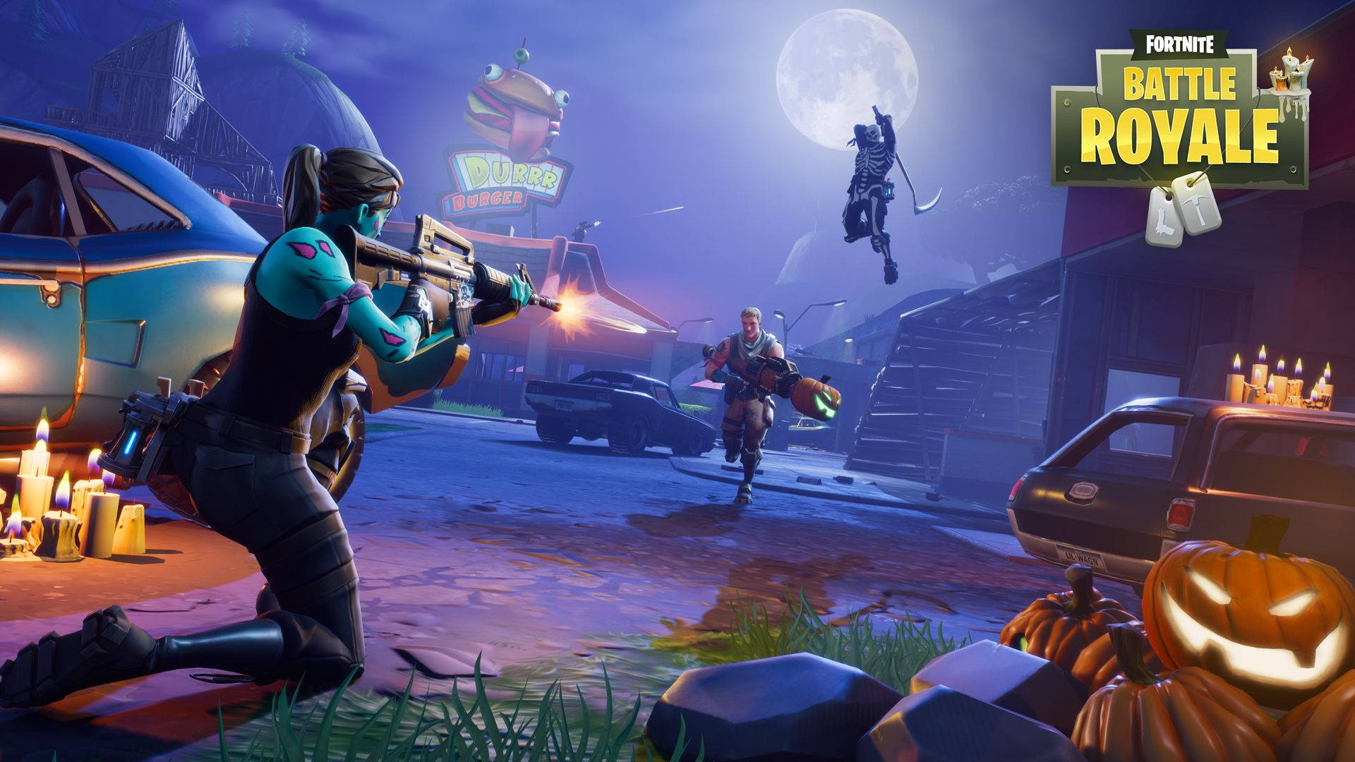 Một cuộc chiến vào ban đêm giữa ba nhân vật trong hình nền Fortnite.