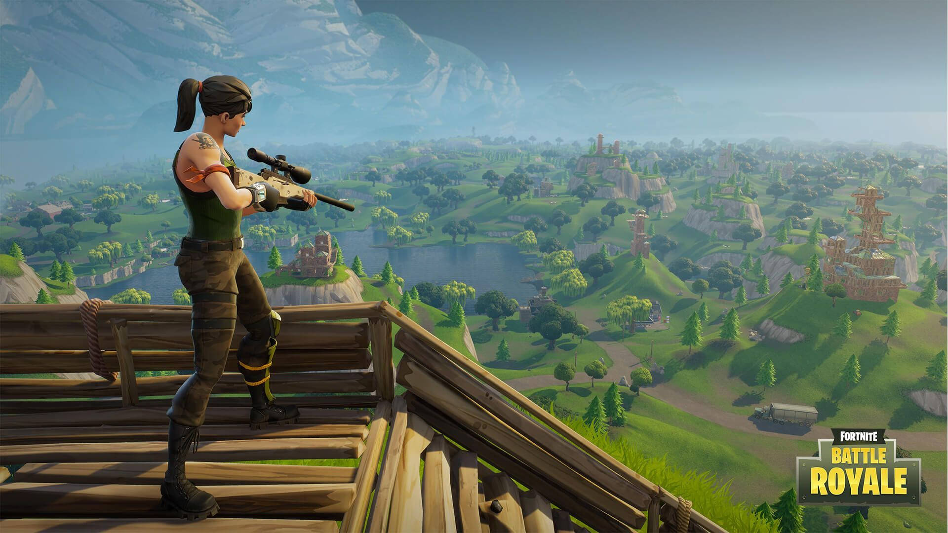 Một nữ chiến binh cầm súng bắn tỉa để tìm mục tiêu trên mặt đất trong game Fortnite Battle Royale hình nền.