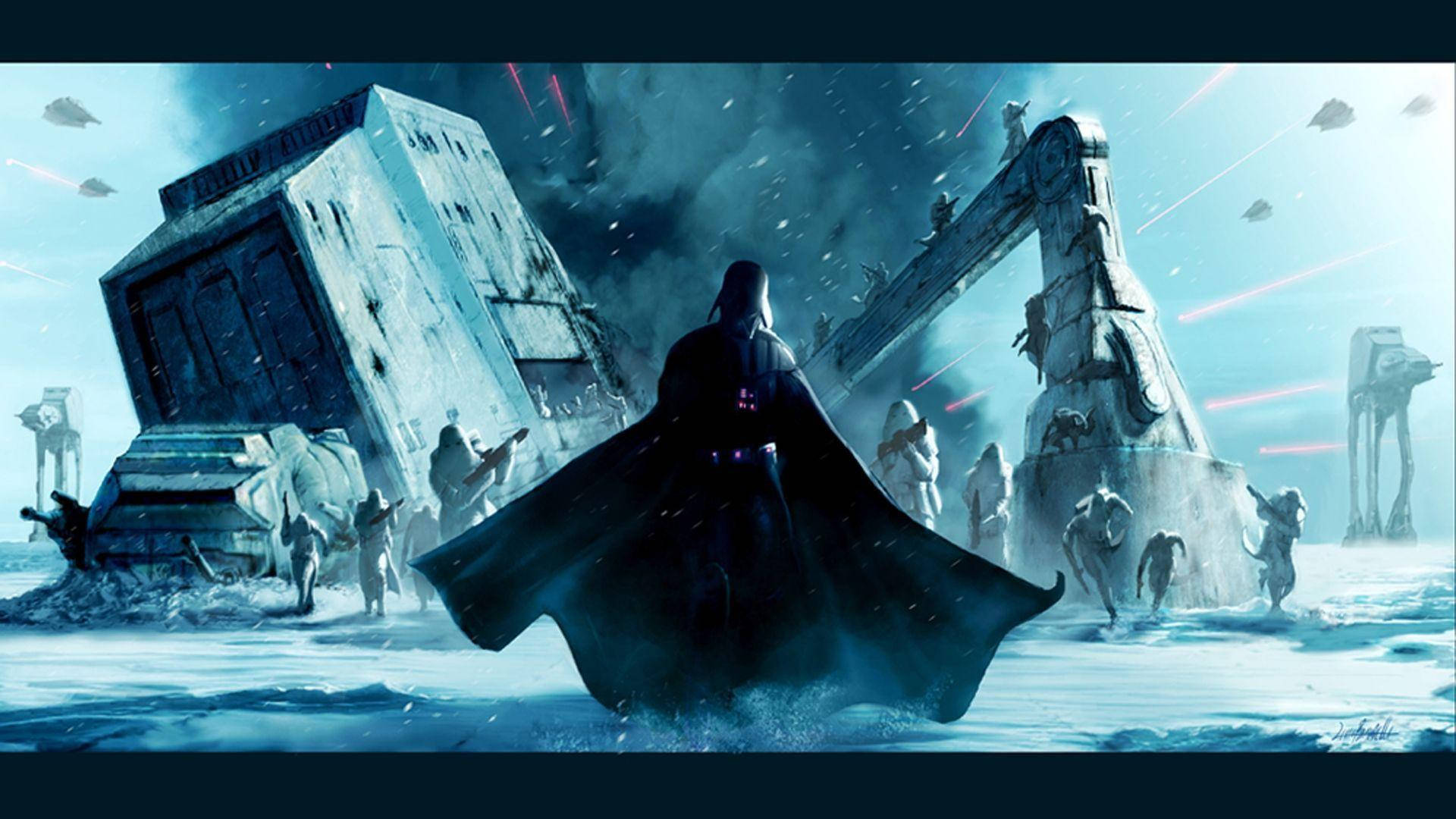 Hình nền Star Wars của Darth Vader đứng trên một hành tinh thành phố đổ nát