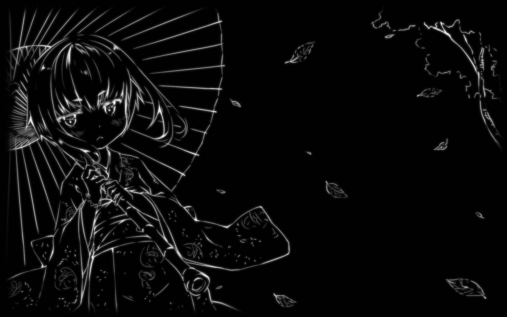 Dễ Thương Anime Nữ Đen Trắng Cầm Ô Hình nền