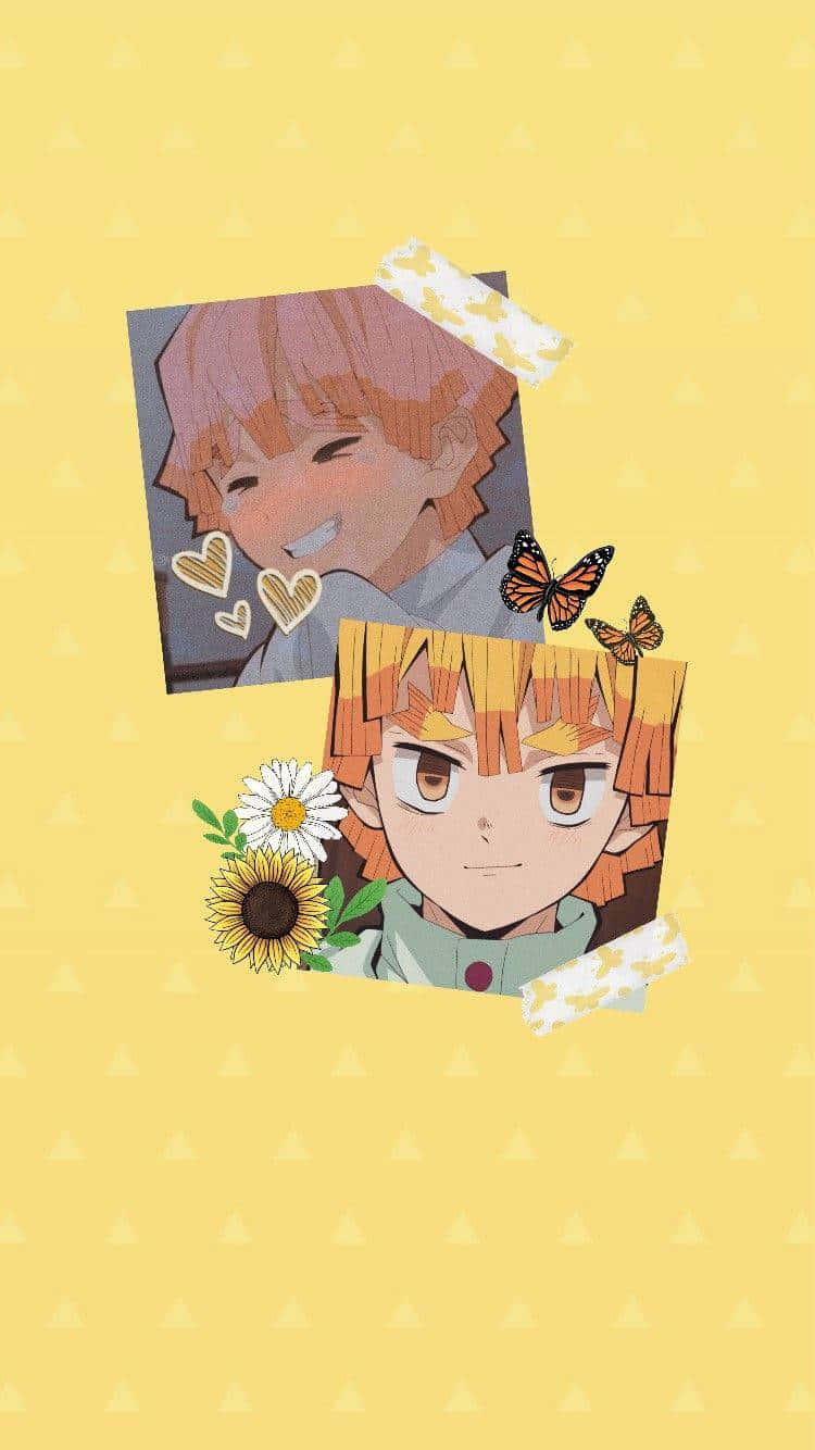 Dễ Thương Nhân Vật Demon Slayer Zenitsu Màu Vàng Nghệ Thuật Collage Hình nền