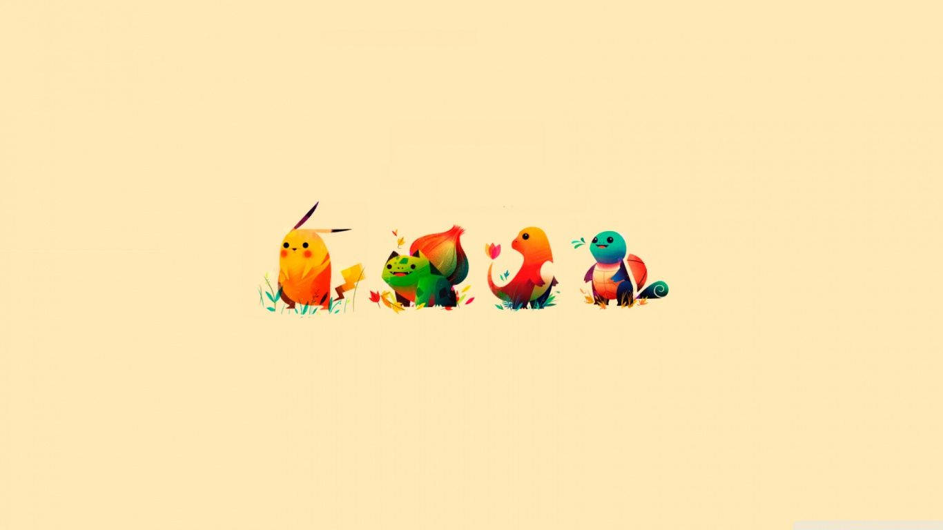 Hình nền nghệ thuật tối giản Chibi Pikachu, Bulbasaur, Charmander và Squirtle dễ thương.