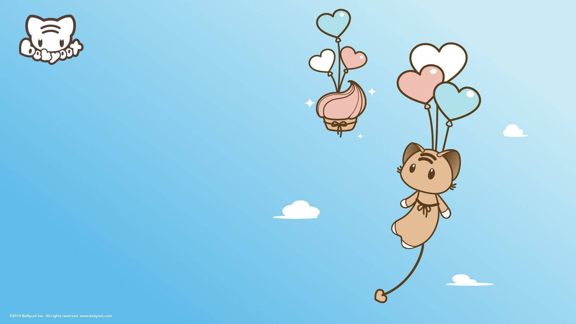 Hình nền mèo kawaii đáng yêu bay trên bóng bay.