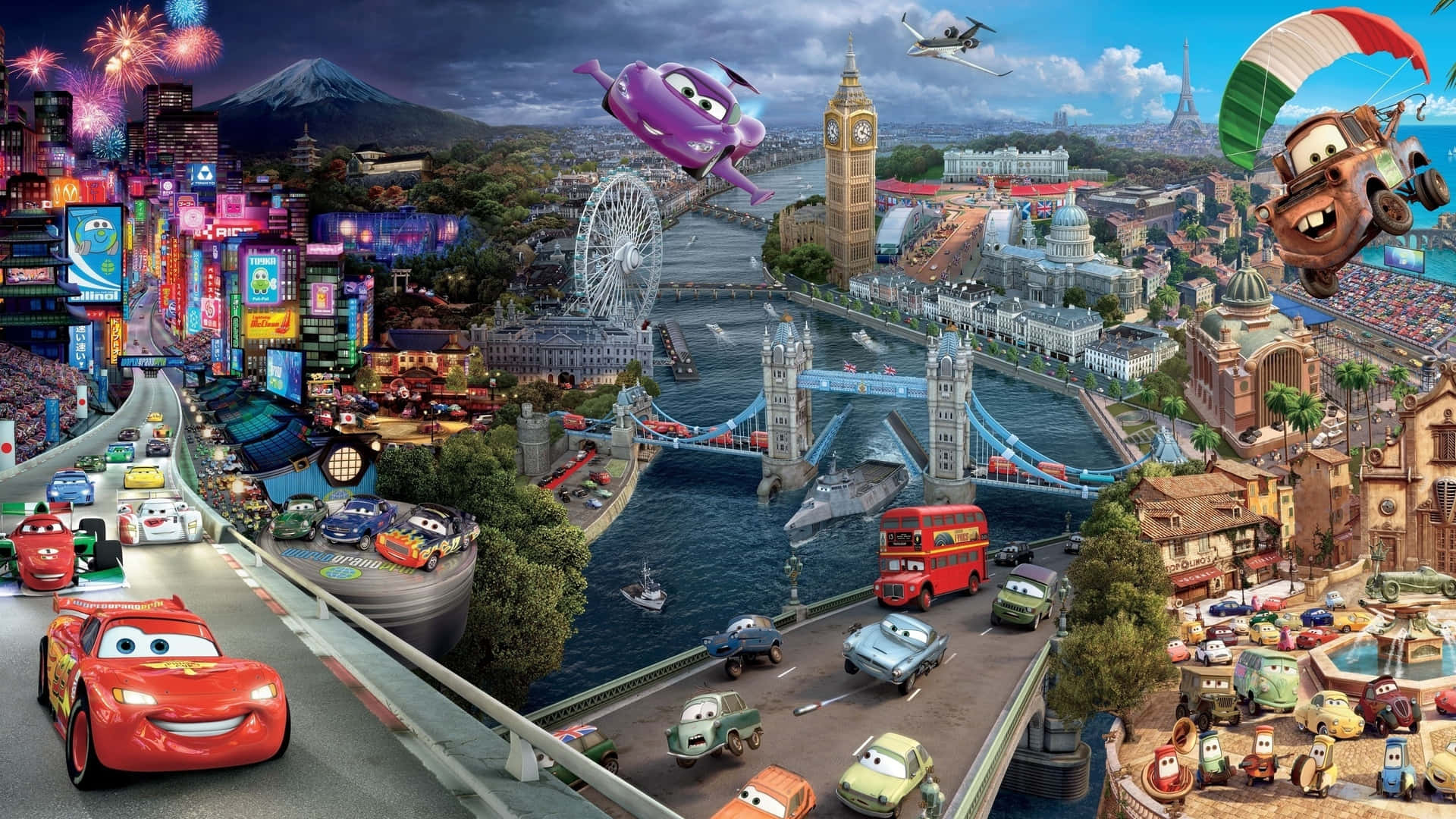 disney cars - thành phố với nhiều xe bay lượn Hình nền