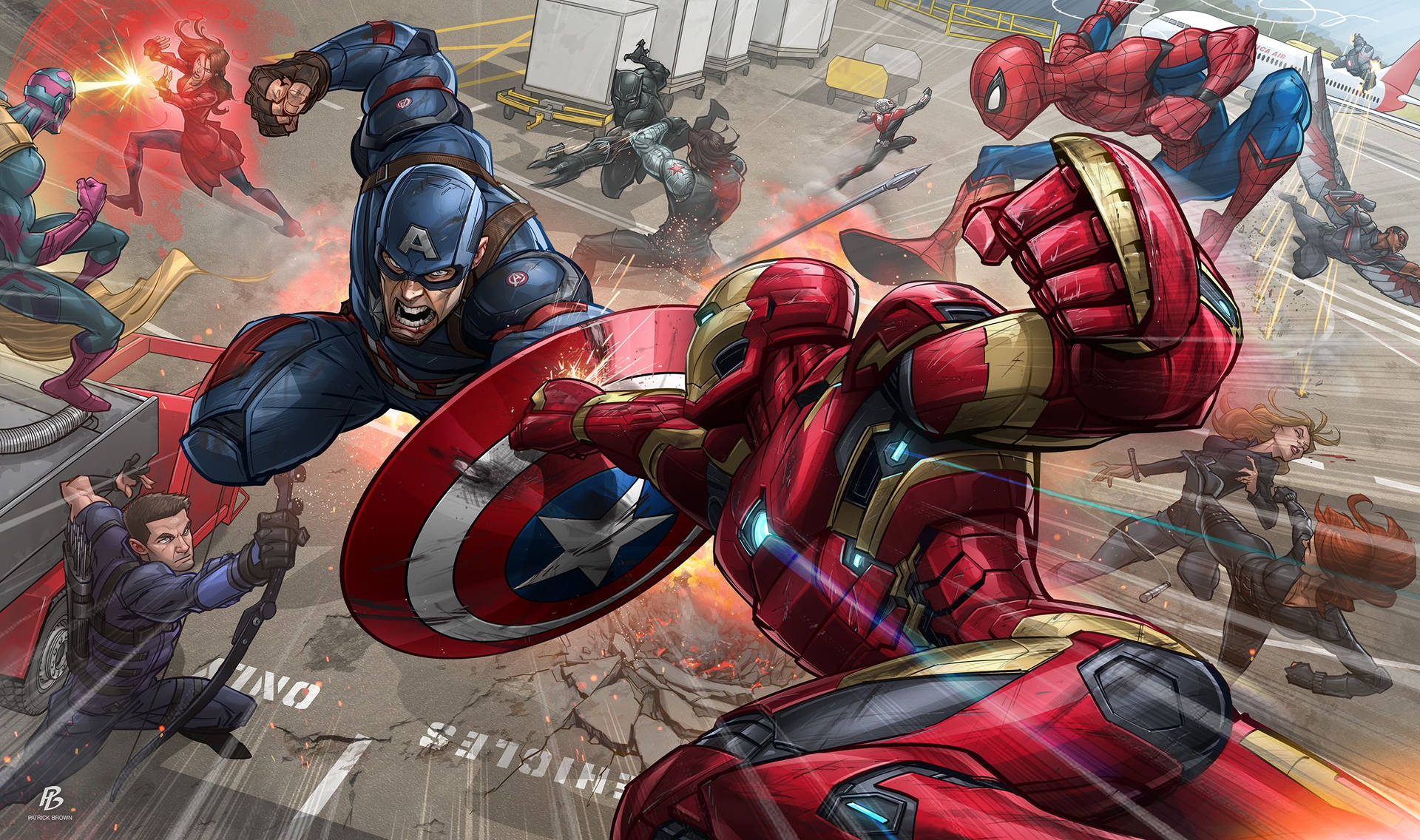 Các siêu anh hùng Marvel Captain America và Người Sắt đang chiến đấu.