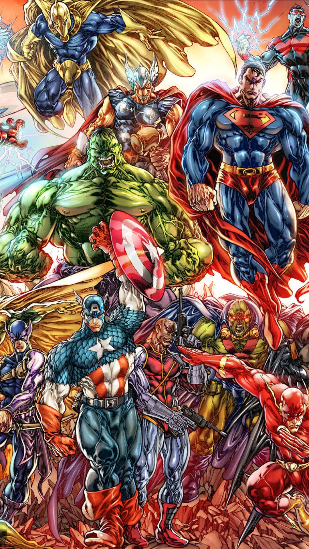 Nền truyện tranh Marvel đầy màu sắc với các anh hùng và kẻ phản diện.