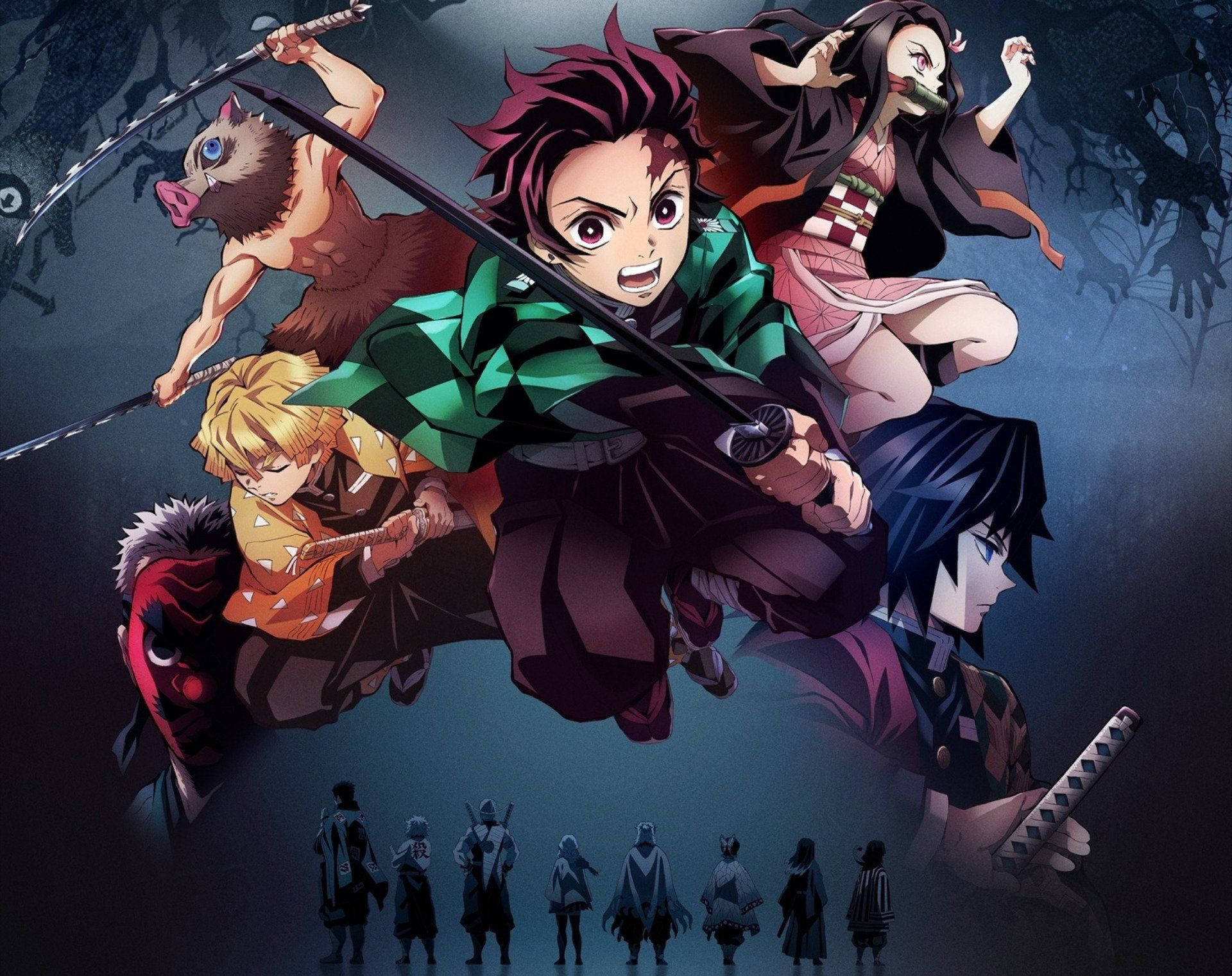 Hình nền Demon Slayer với Tanjiro cùng Nezuko và các Hashira.
