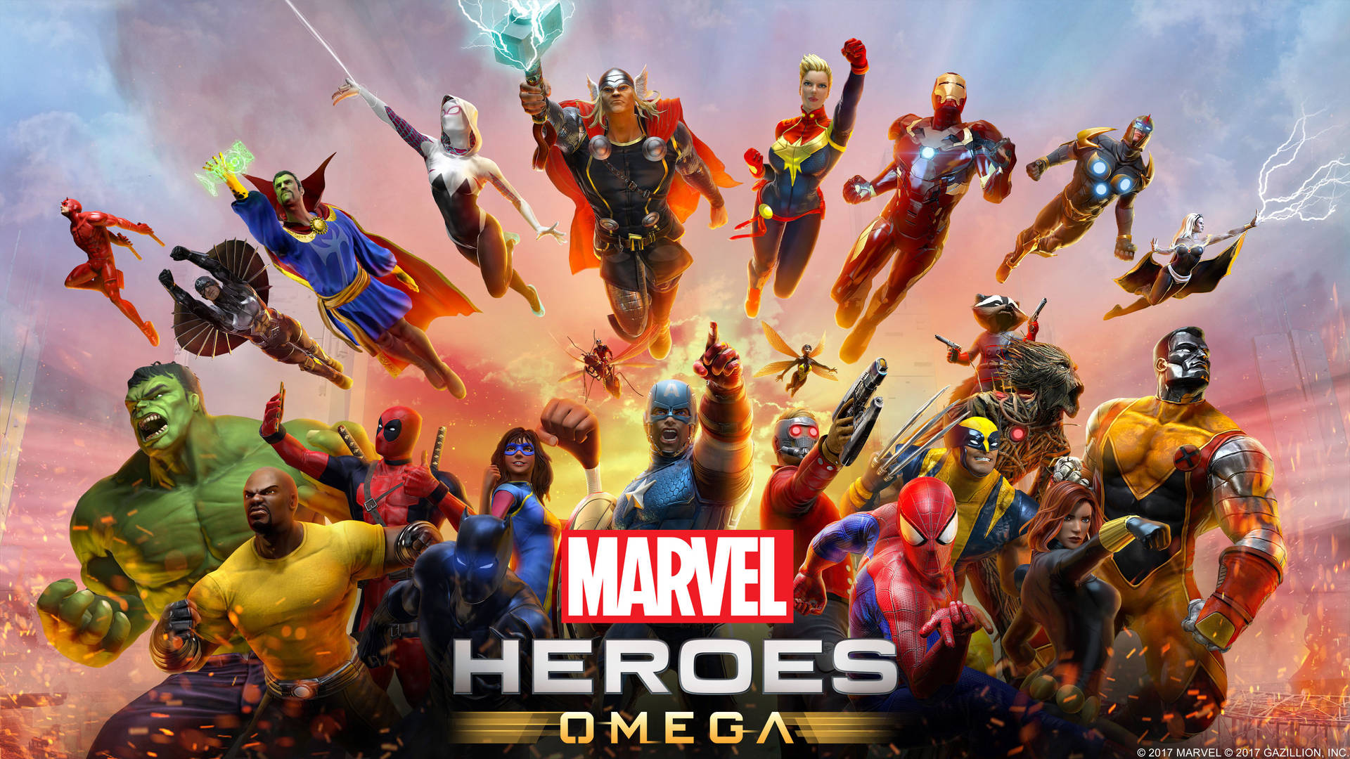 Các siêu anh hùng Marvel omega với các nhân vật đang bay.