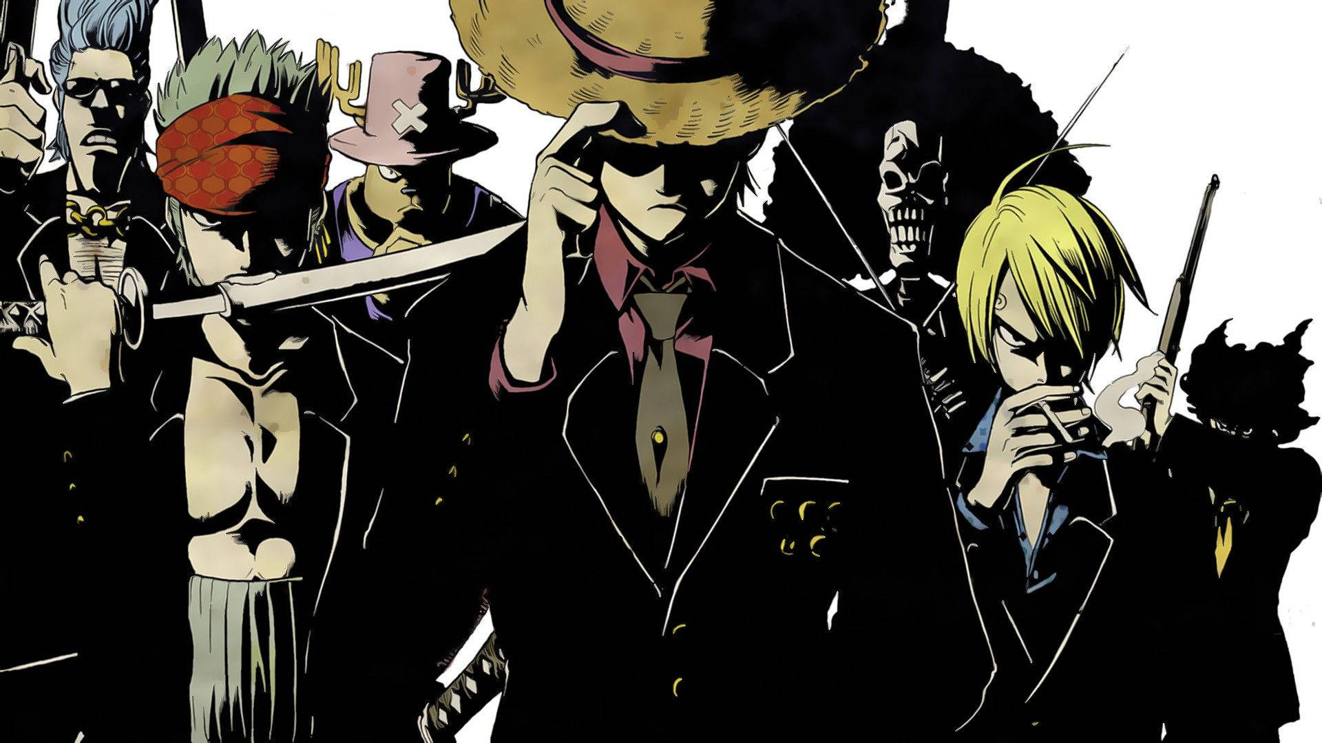 Hình nền nhóm nam băng Mũ Rơm One Piece lịch lãm trong bộ vest đen
