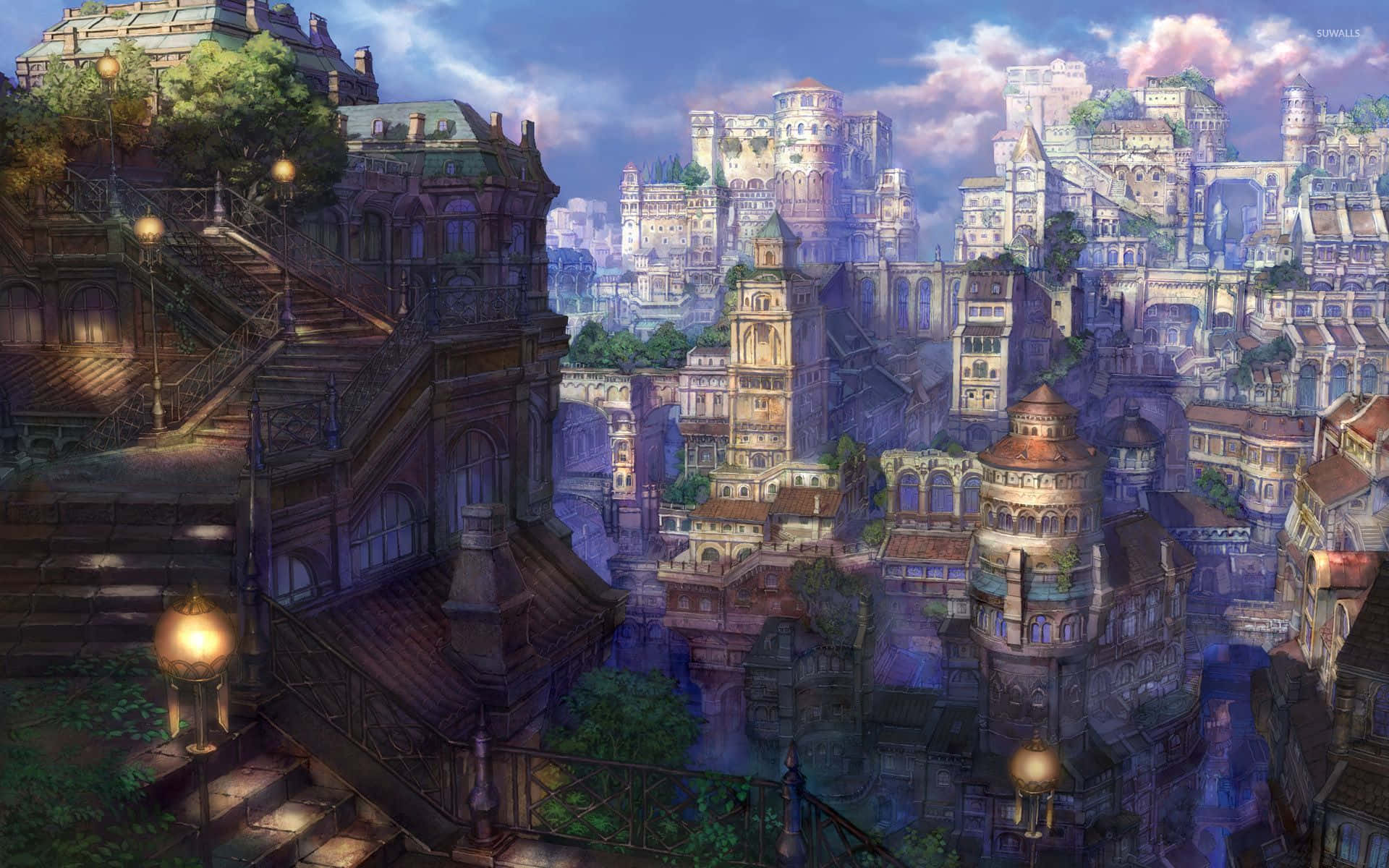 Đường chân trời rực rỡ của Thành phố Anime tuyệt đẹp Hình nền