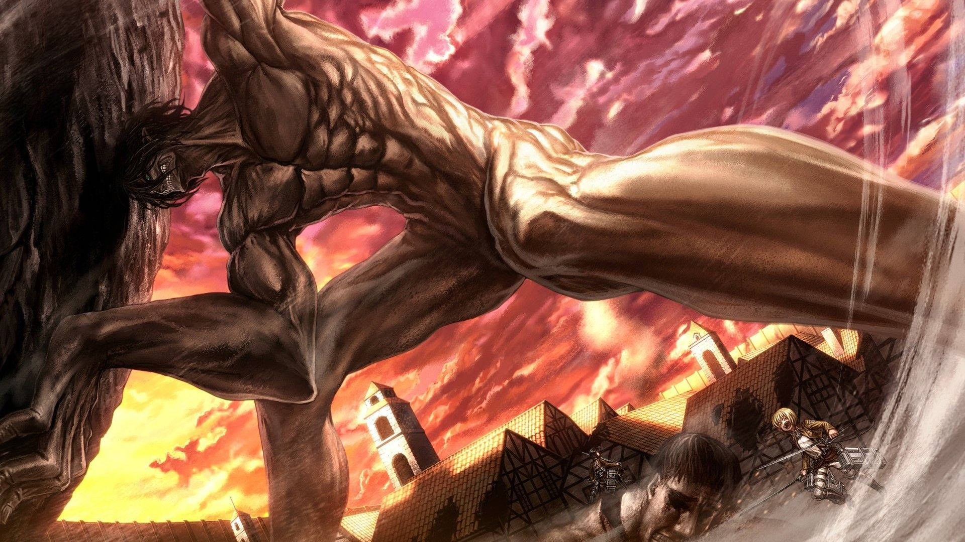 Hình nền Attack On Titan của Titan Eren mang một tảng đá để bịt lỗ hổng ở Quận Trost.