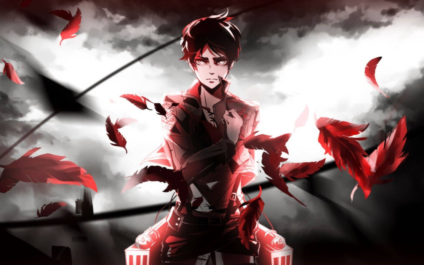 Eren Jaeger thực hiện tư thế chào với những chiếc lông đỏ bay trong hình nền fan art Attack on Titan.