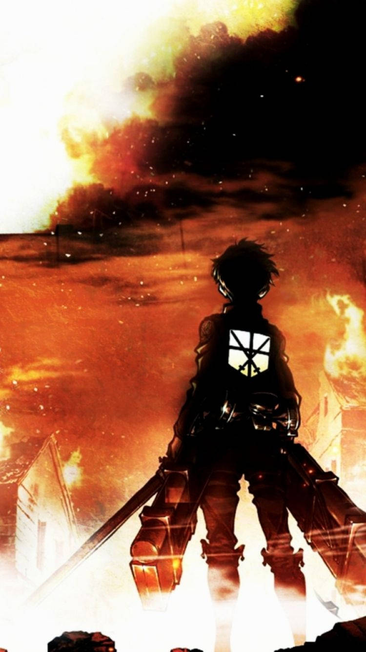 Góc nhìn từ phía sau Eren Jaeger với khói và lửa cuồn cuộn trong hình nền Attack On Titan.