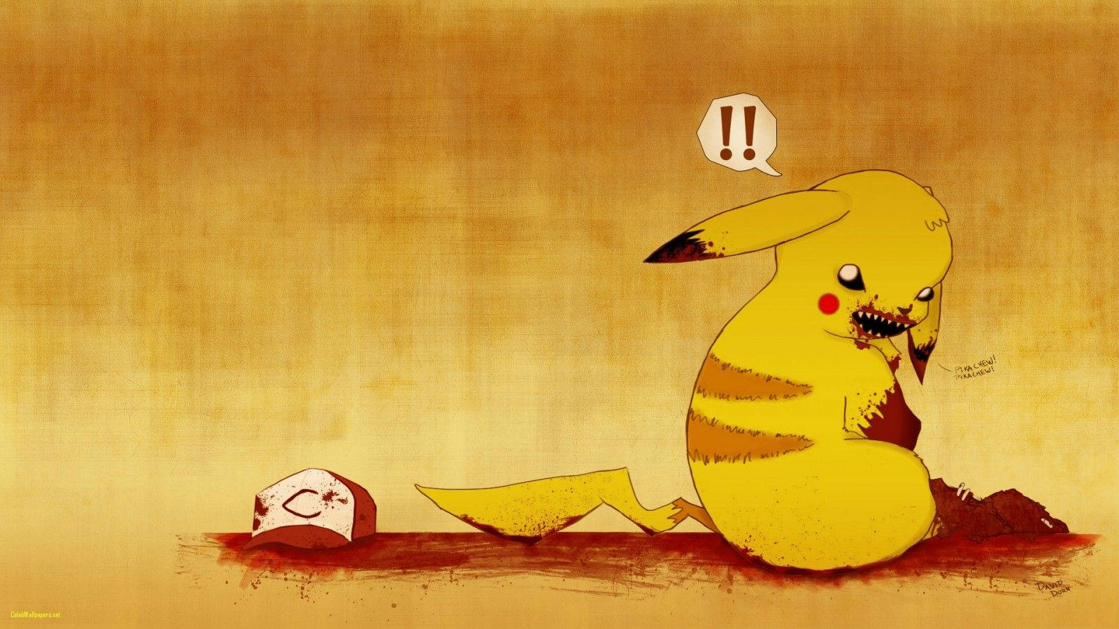 Hình nền fan art tối tăm về Pikachu khi nó ăn thịt người huấn luyện Ash.