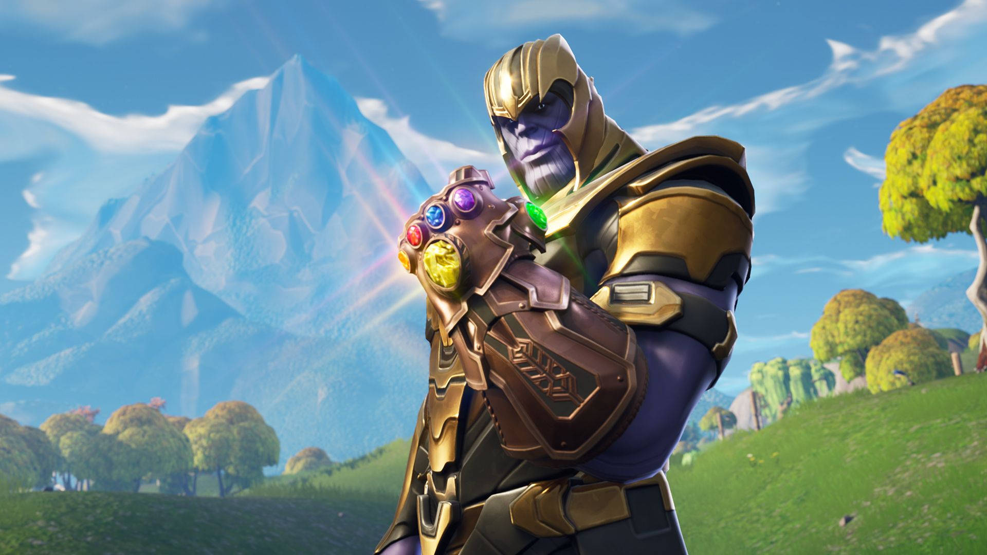 Hình nền HD Thanus trong Fortnite cầm găng tay vô cực.