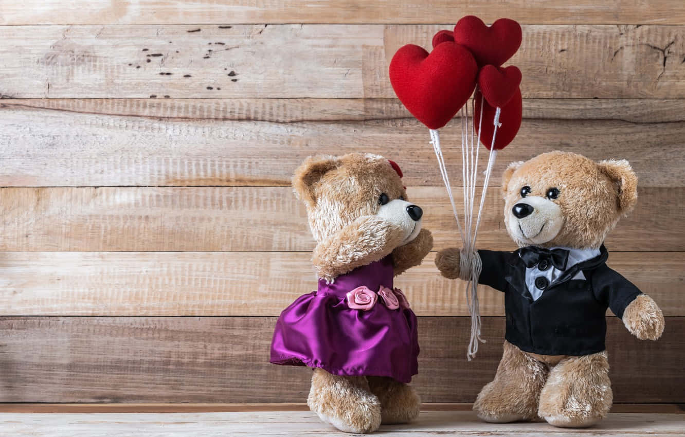 Gấu bông Valentine dễ thương với bóng bay hình trái tim đỏ Hình nền