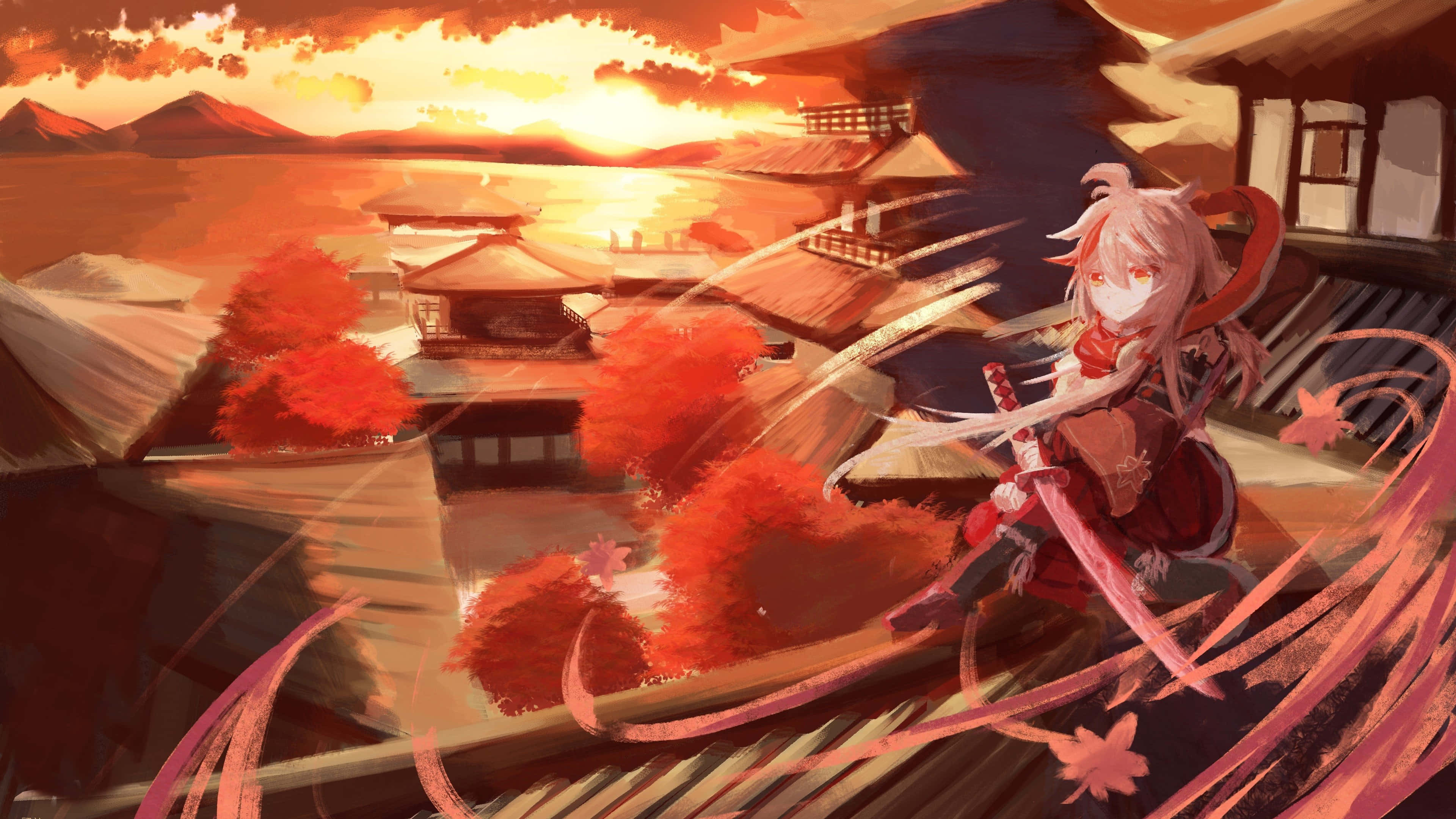 Genshin Impact Kazuha ngồi trên mái nhà Hình nền
