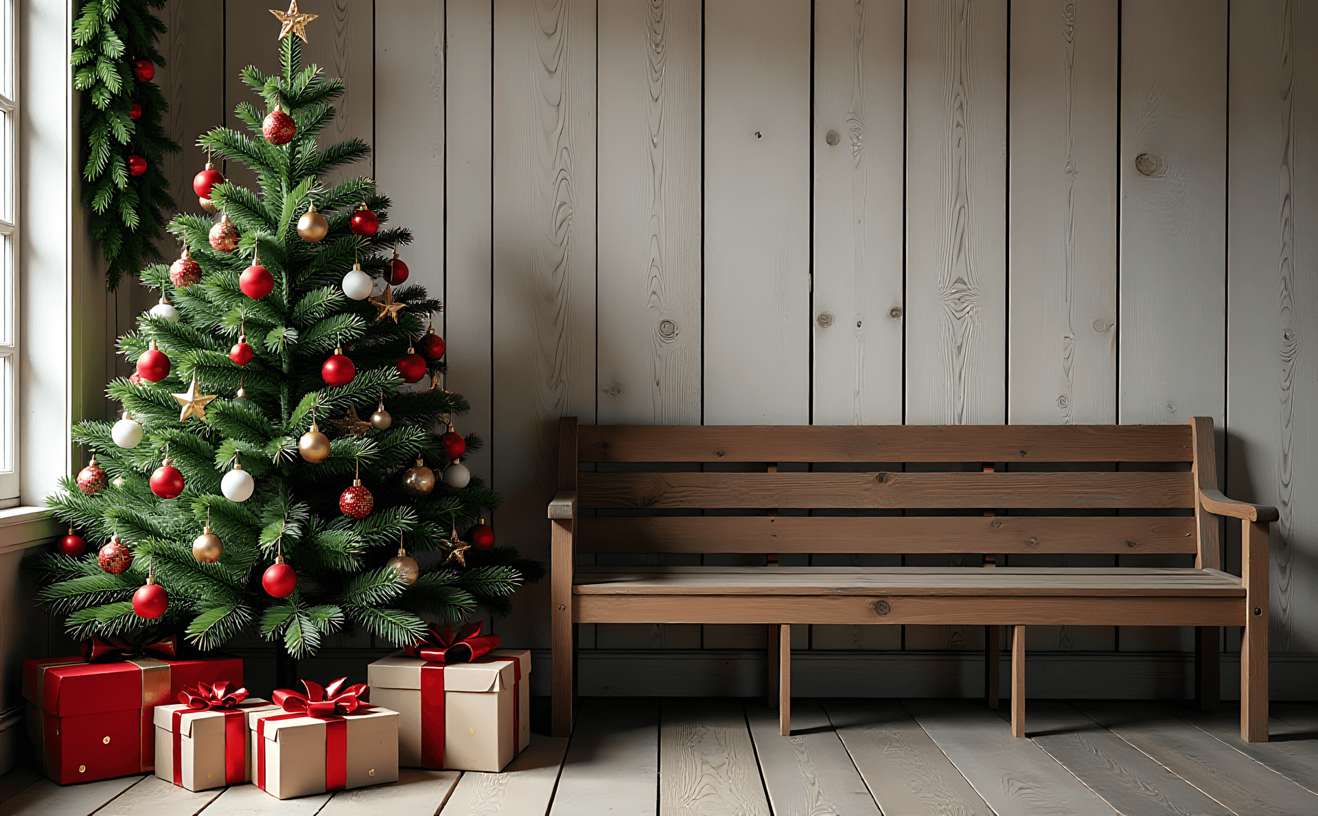 Ghế dài dưới cây thông Noel với những món quà Hình nền