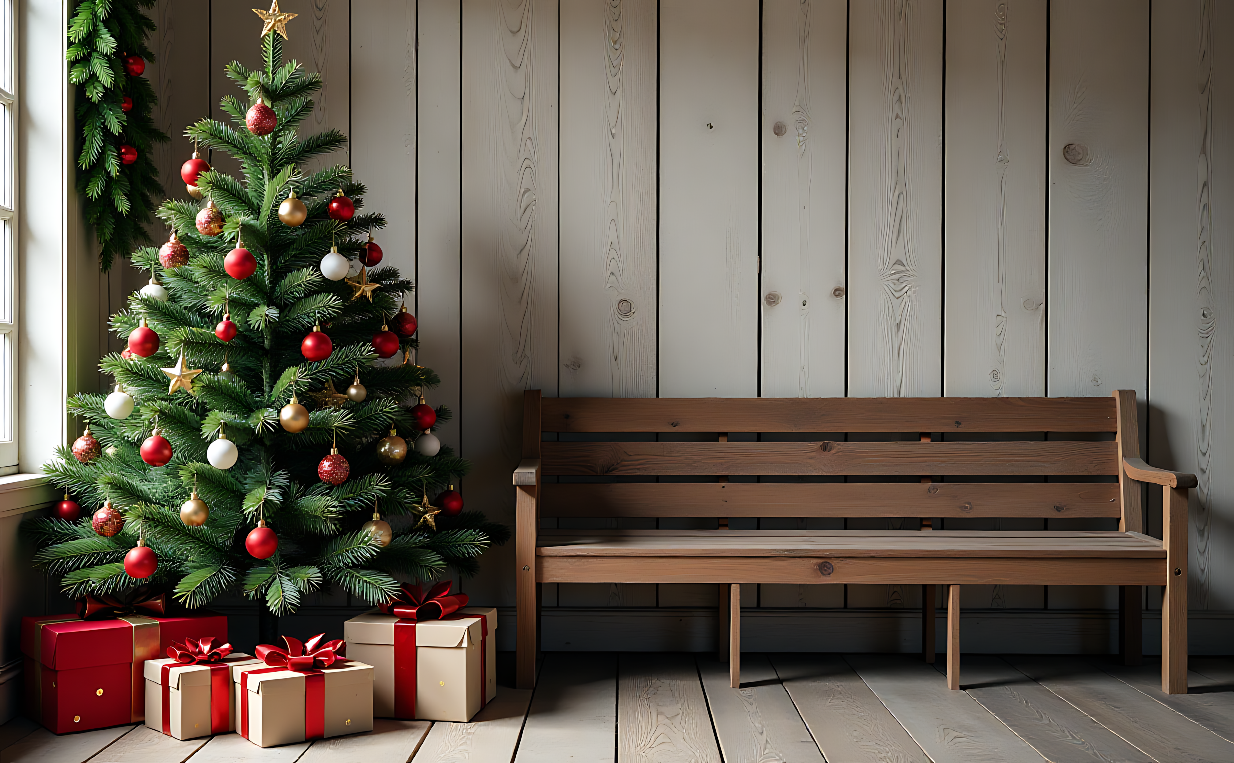 Ghế dài dưới cây thông Noel với những món quà Hình nền