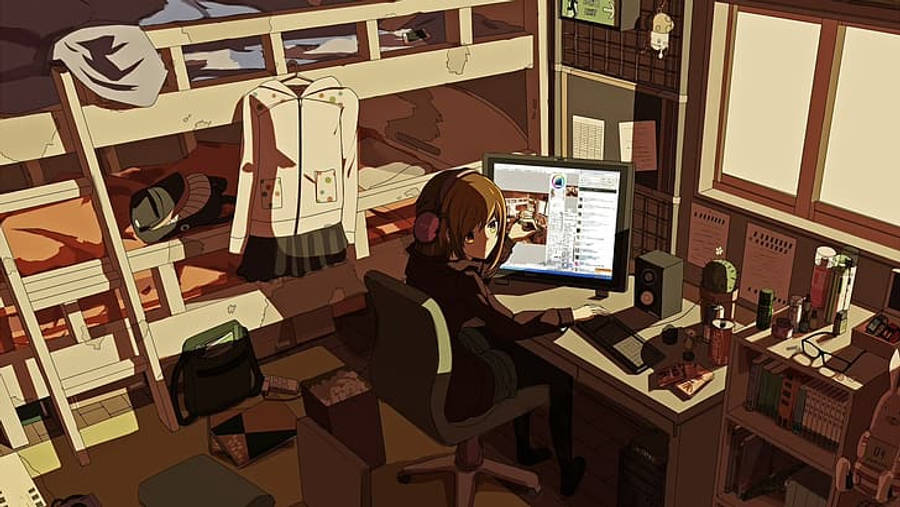 Góc làm việc laptop của cô gái anime rực sáng trong bóng tối Hình nền