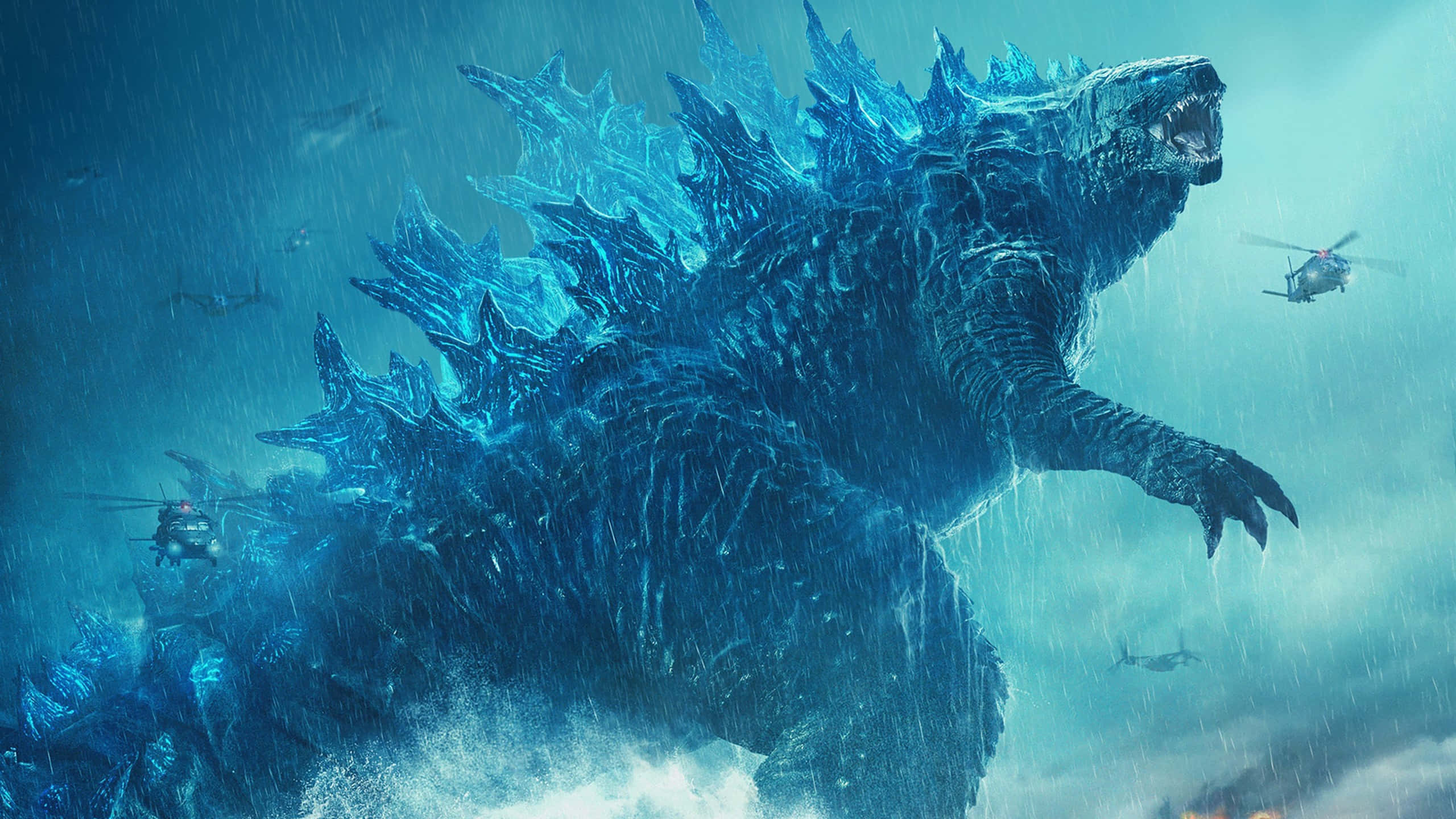 Godzilla đèn neon xanh với trực thăng Hình nền