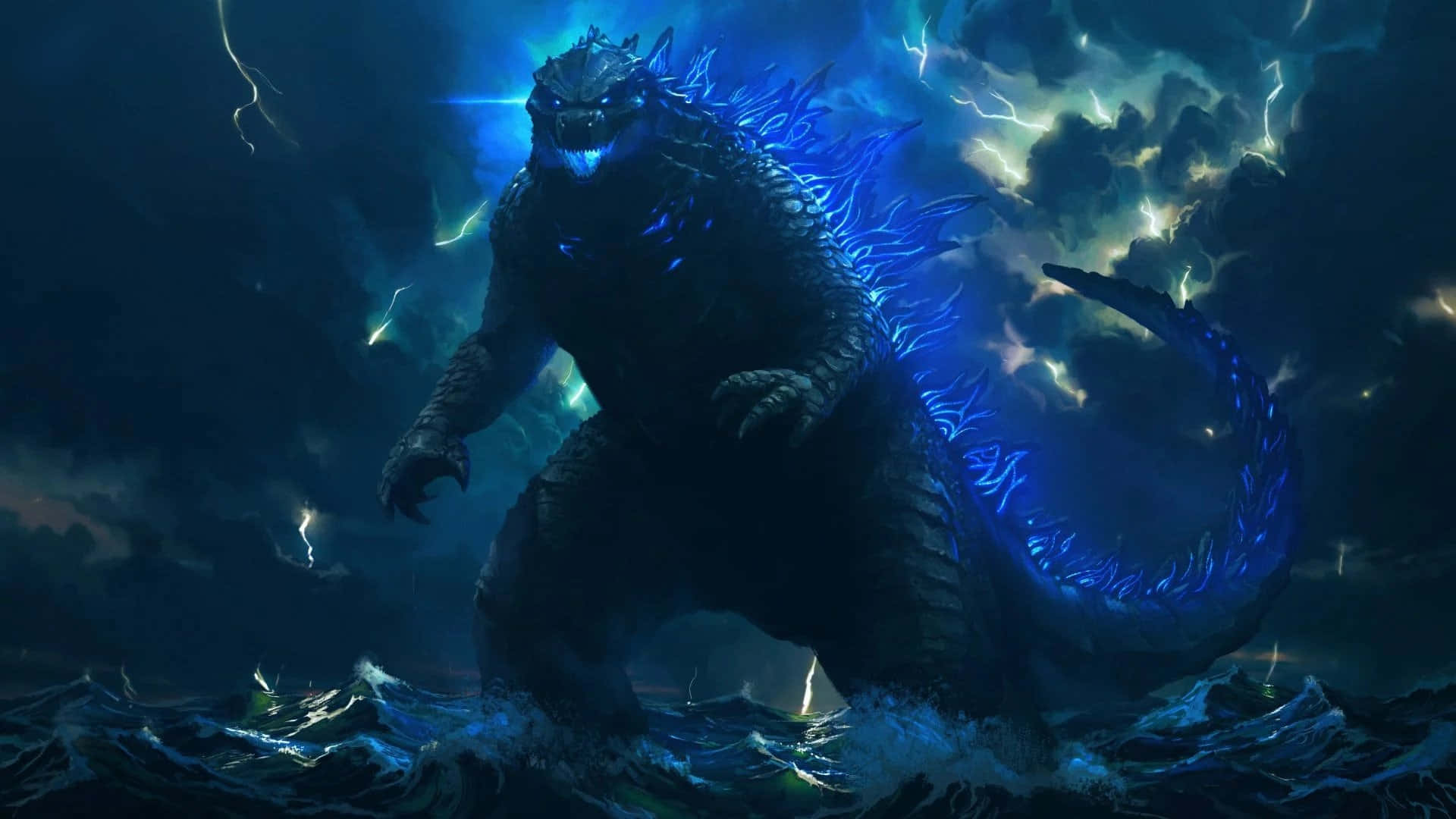 Godzilla với ánh sáng xanh neon trên đại dương Hình nền