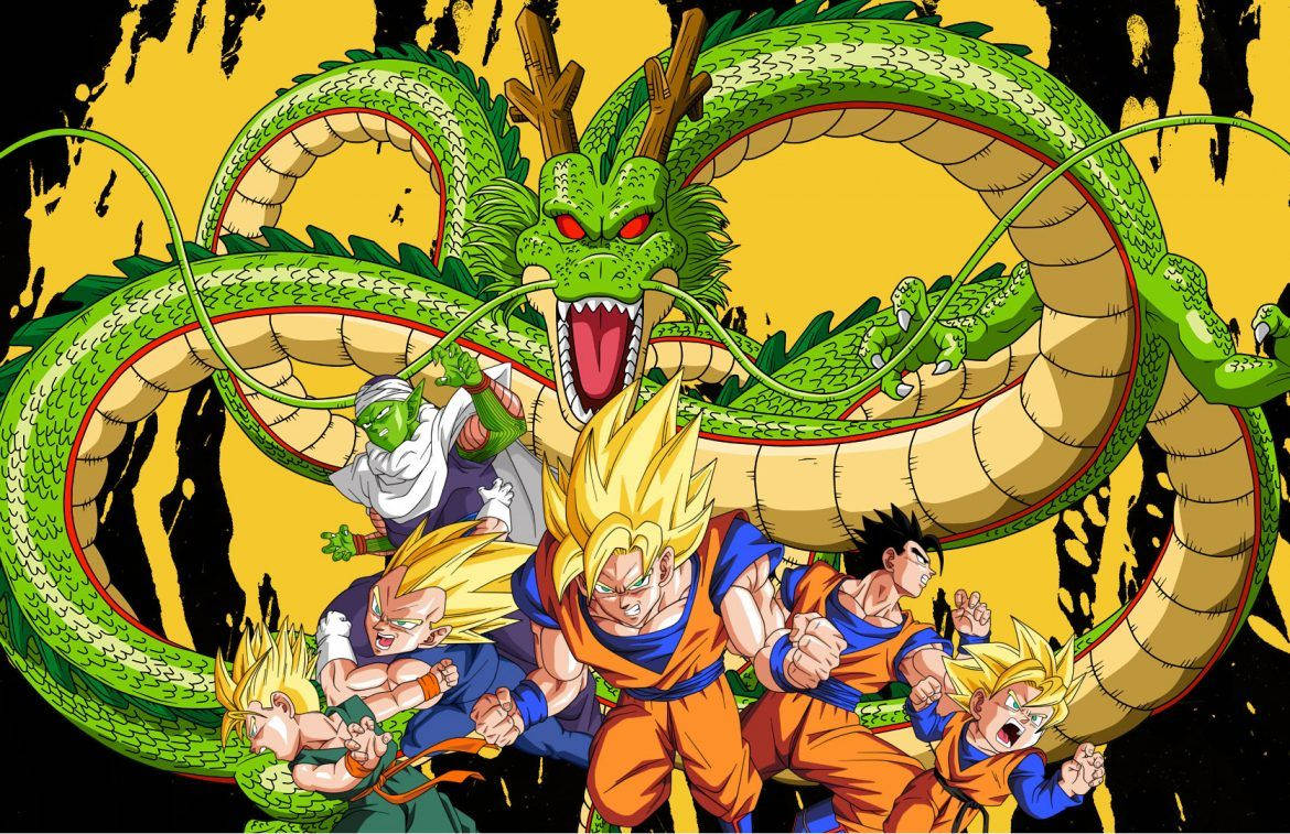 Dragon Ball Z San Goku và các nhân vật khác ở chế độ super saiyan cùng với Shenron con rồng xanh.