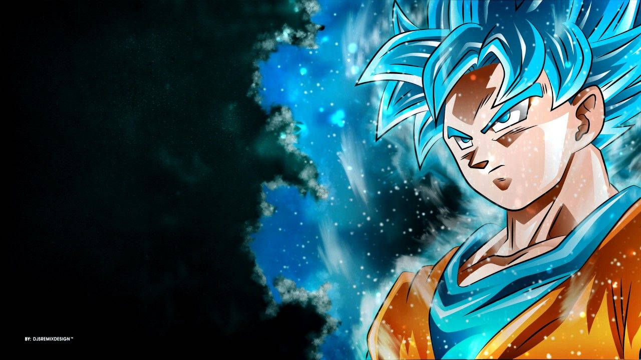 Hình nền Son Goku trong giai đoạn Super Saiyan Blue trên nền đen.