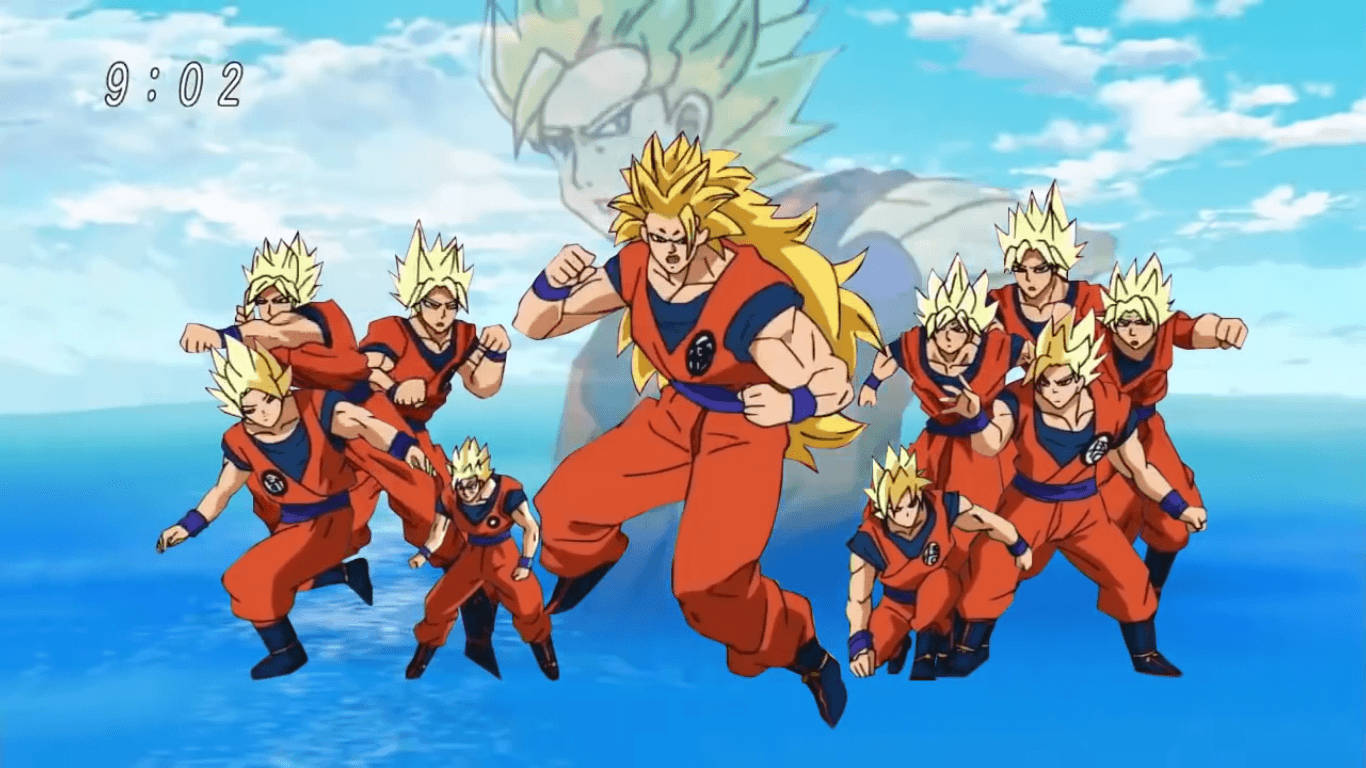 Dragon Ball Z San Goku siêu broly, nhiều siêu saiyan trong một, nhân vật hoạt hình với mái tóc vàng dựng đứng.
