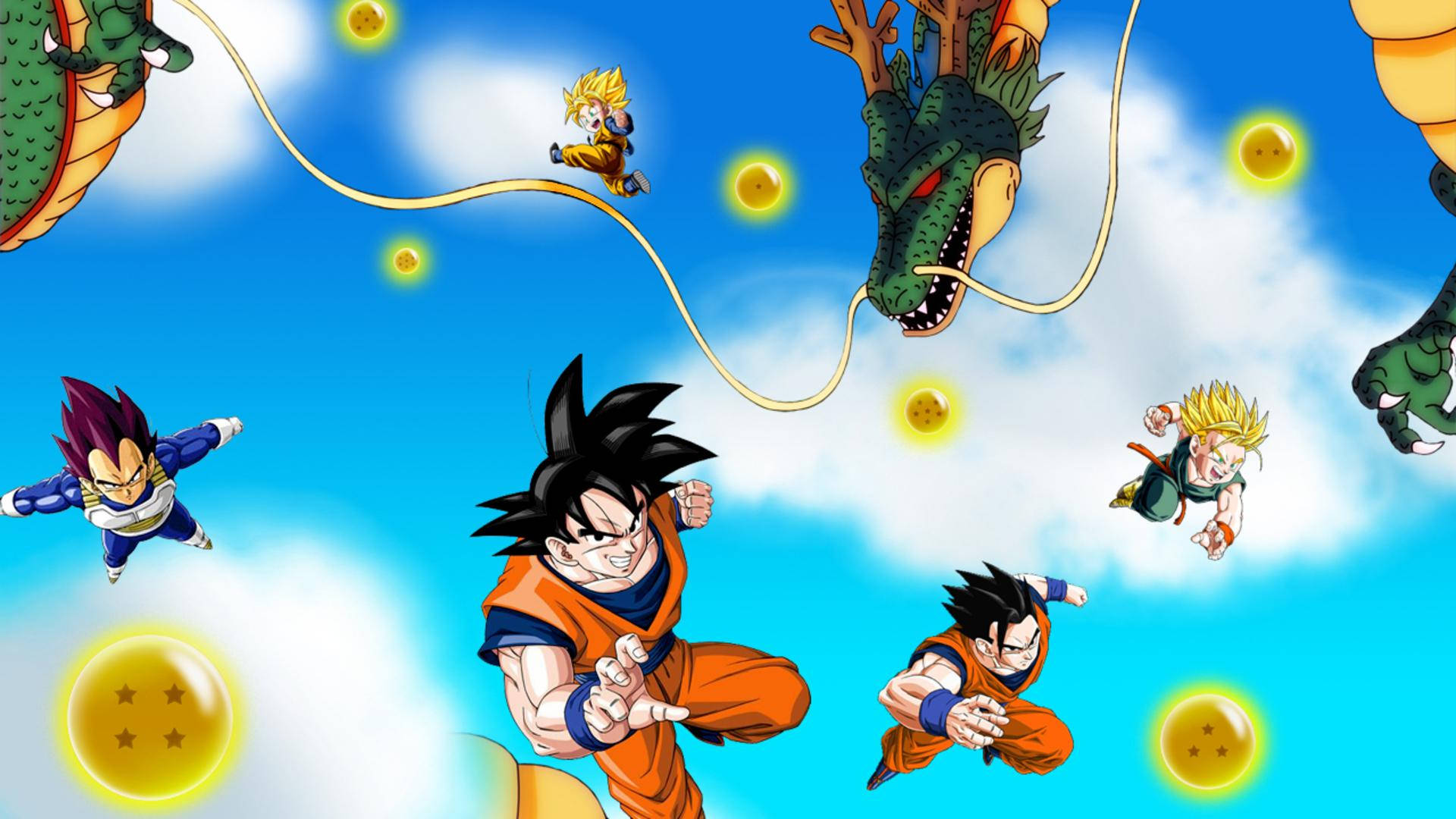Dragon Ball Z super broly San Goku và Vegeta với rồng xanh Shenron đang bay cùng các ngọc rồng.