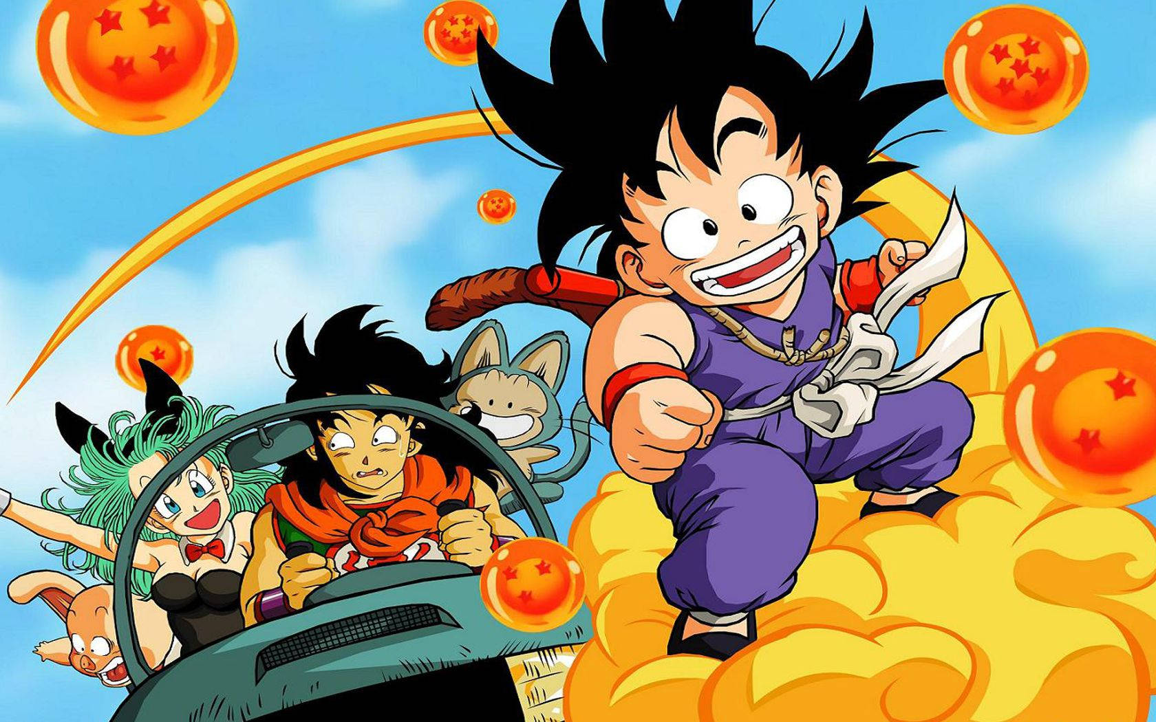 Dragon Ball Z Gohan cùng Maron và chồng cô lái xe trong khi Gohan bé nhỏ cưỡi đám mây bay.