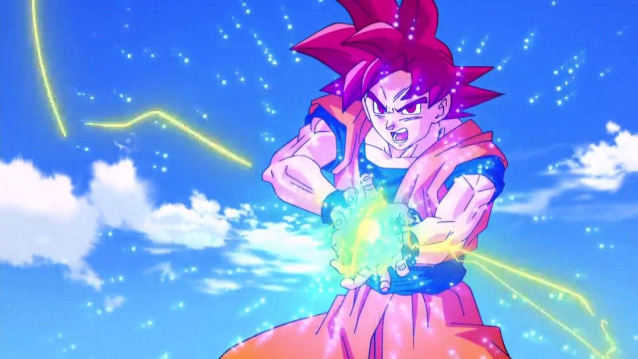 Dragon Ball Z Kamehameha của San Goku với quả cầu lửa xanh, siêu saiyan anime.