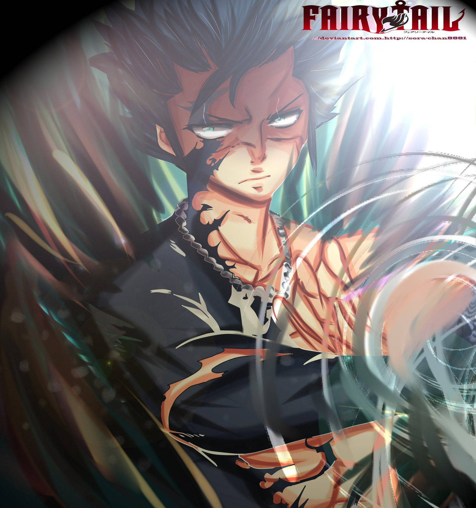 Hình nền Thanh Gươm Diệt Quỷ tuyệt vời của Gray Fullbuster với mái tóc đen dựng lên và một nửa cơ thể phủ đầy màu đen trong khi đeo một chiếc vòng bạc, từ anime Fairy Tail. — Thanh gươm diệt quỷ 4K GIF Hình nền