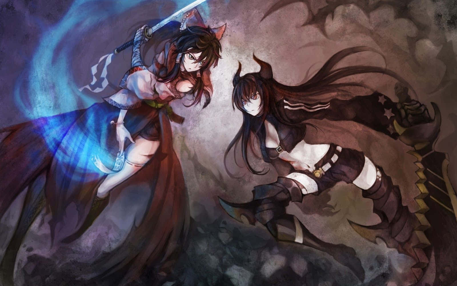 Hai cô gái anime cầm kiếm ở hậu cảnh Hình nền
