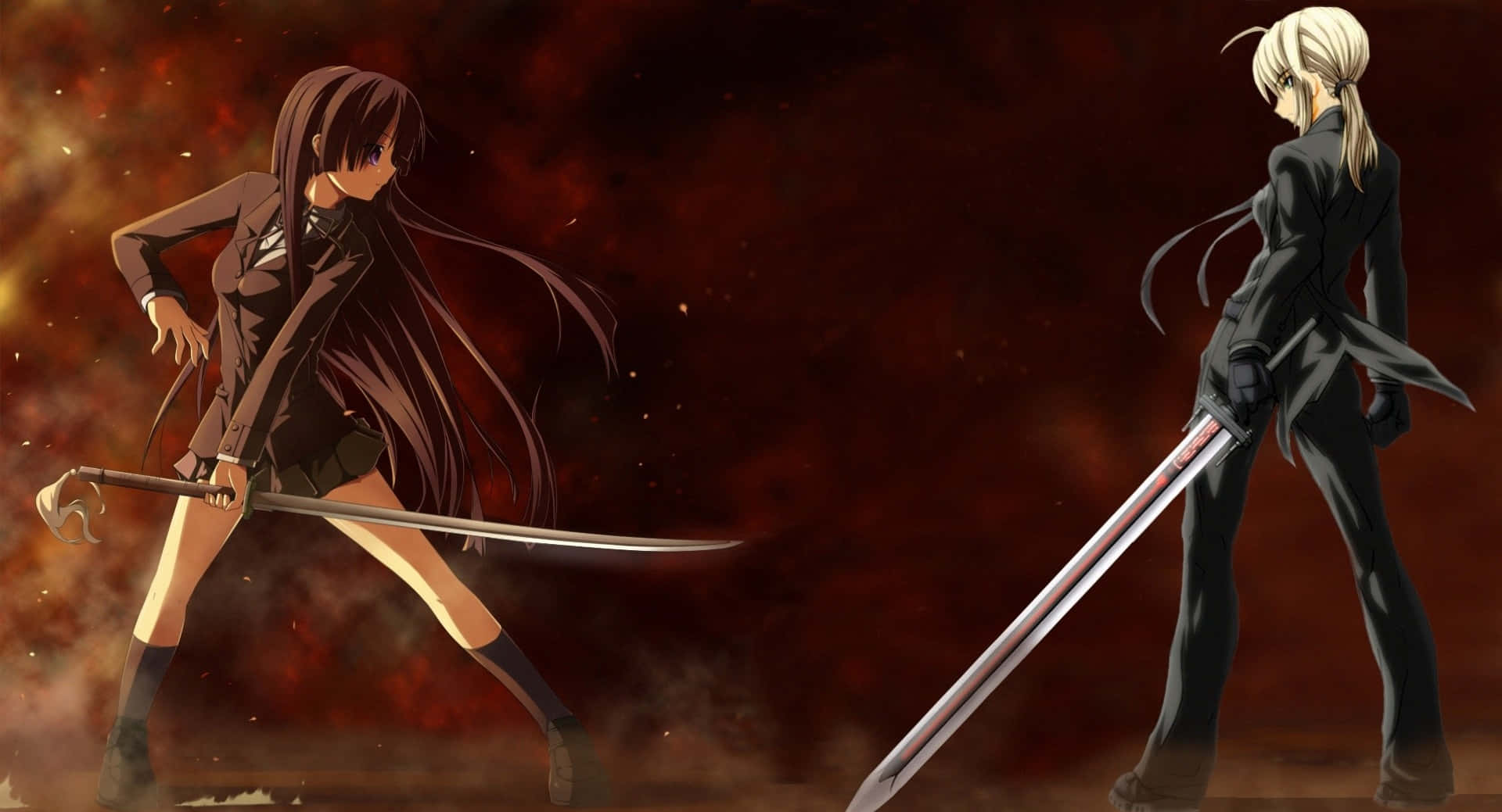 Hai cô gái anime cầm kiếm trước ngọn lửa Hình nền