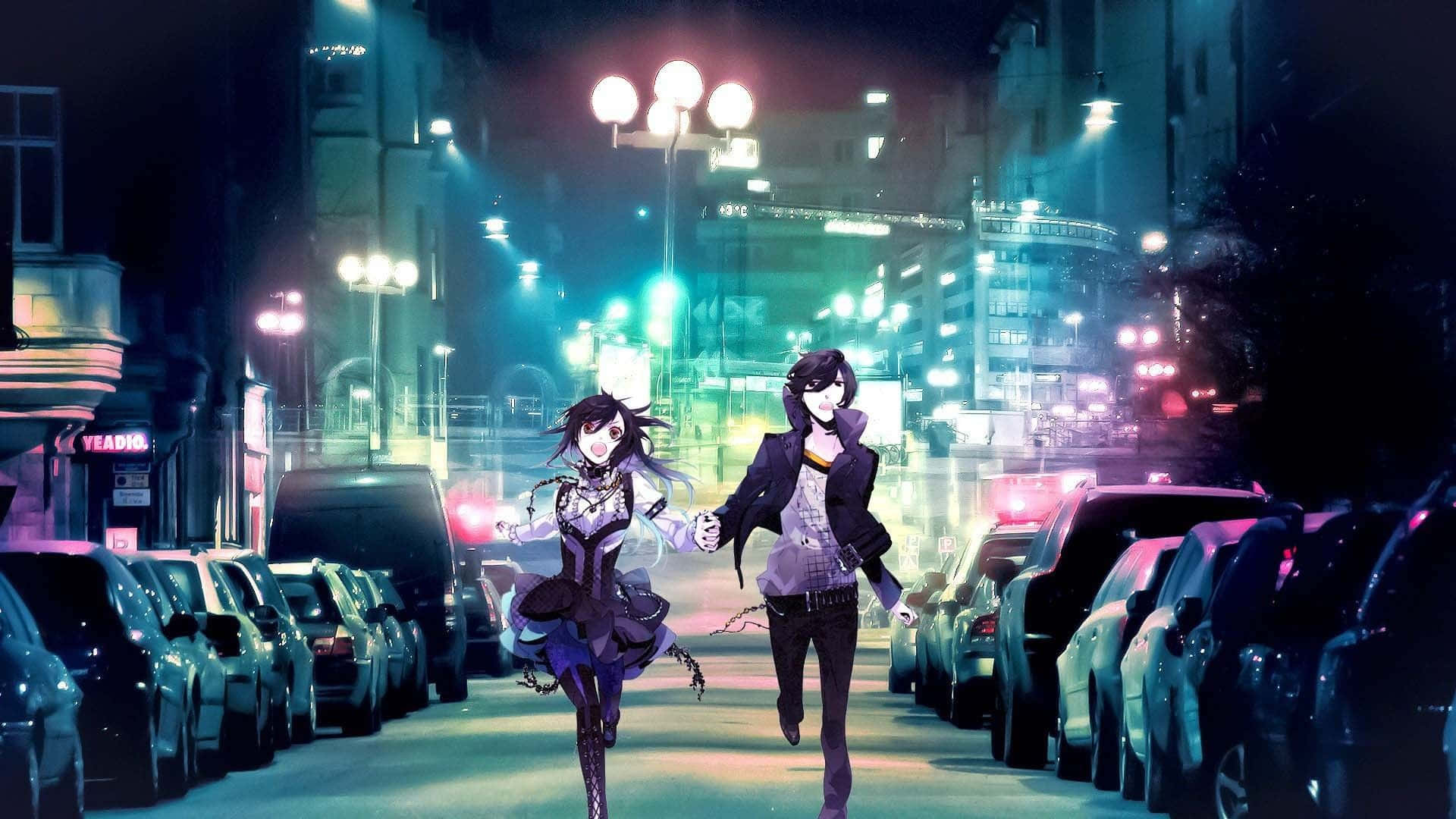 hai cô gái anime đi dạo trên phố về đêm Hình nền