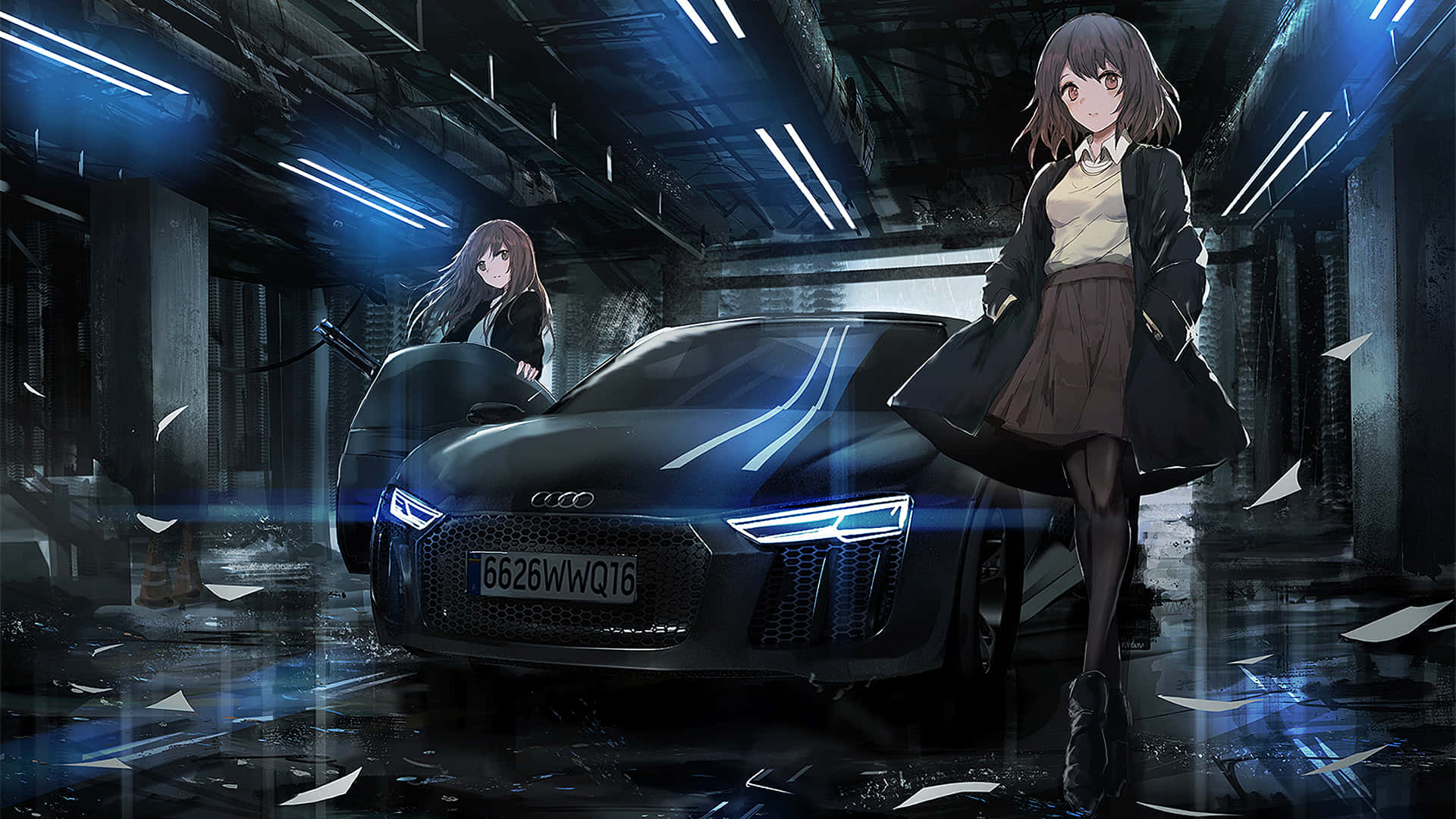 hai cô gái anime đứng cạnh một chiếc xe hơi Hình nền