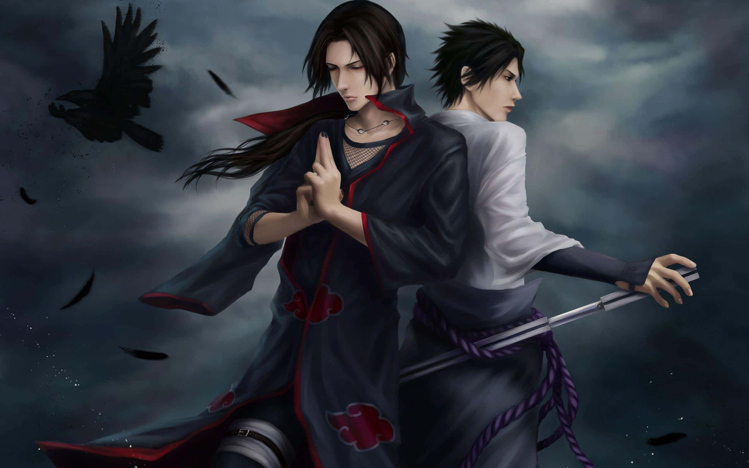 hai nhân vật anime đứng trong bóng tối với kiếm Hình nền
