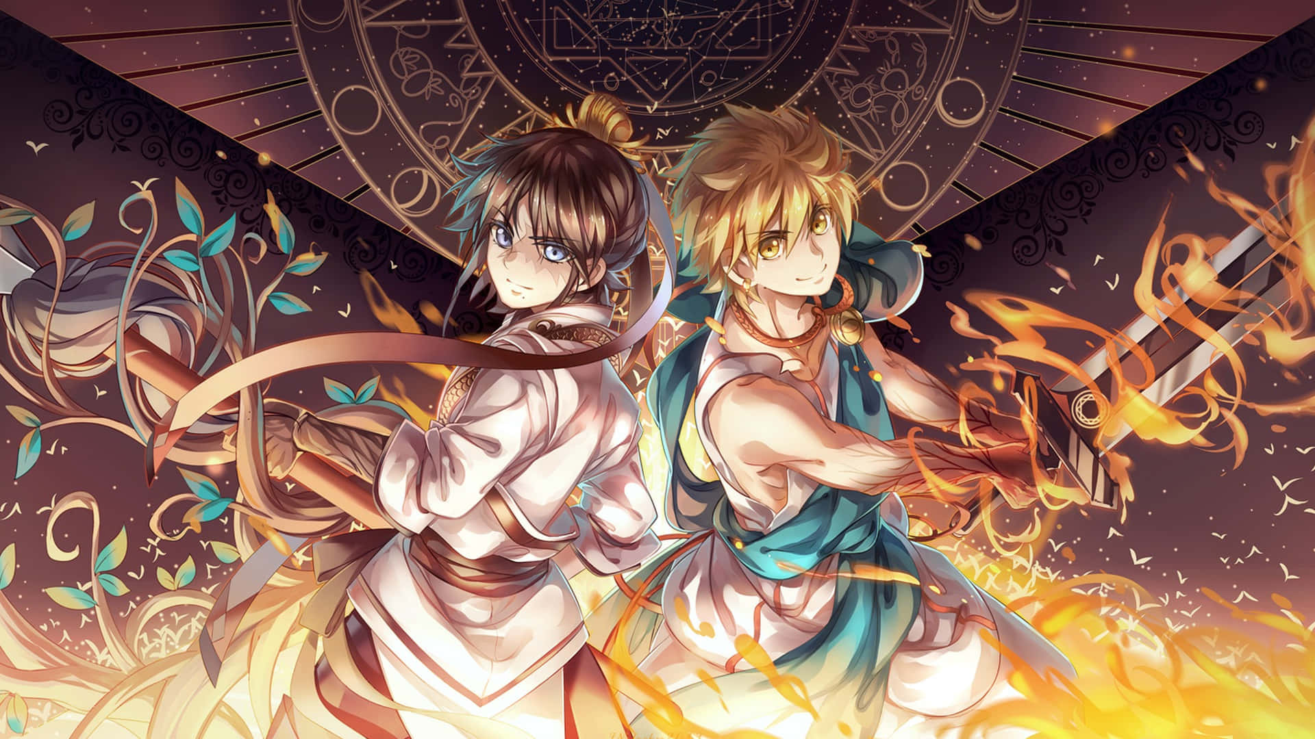 hai nhân vật anime đứng trước ngọn lửa Hình nền