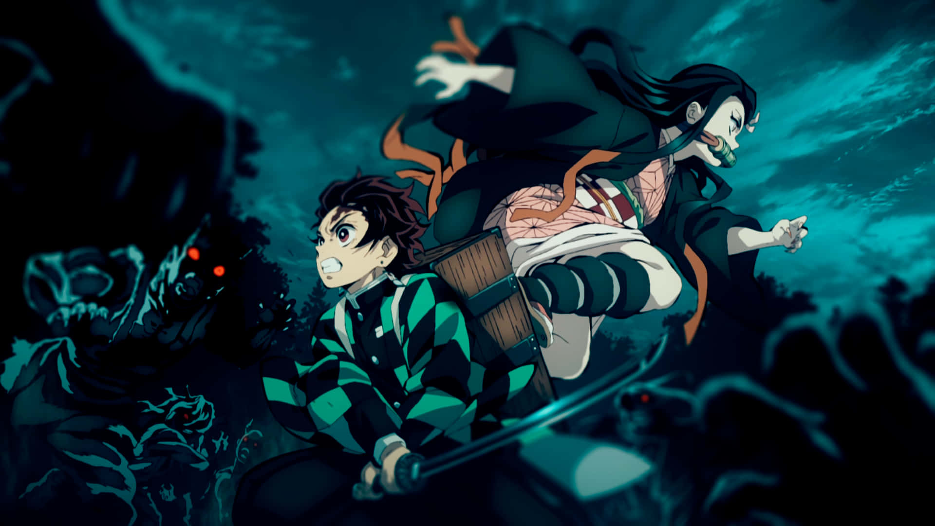 Hai nhân vật anime đang bay trong bóng tối Hình nền