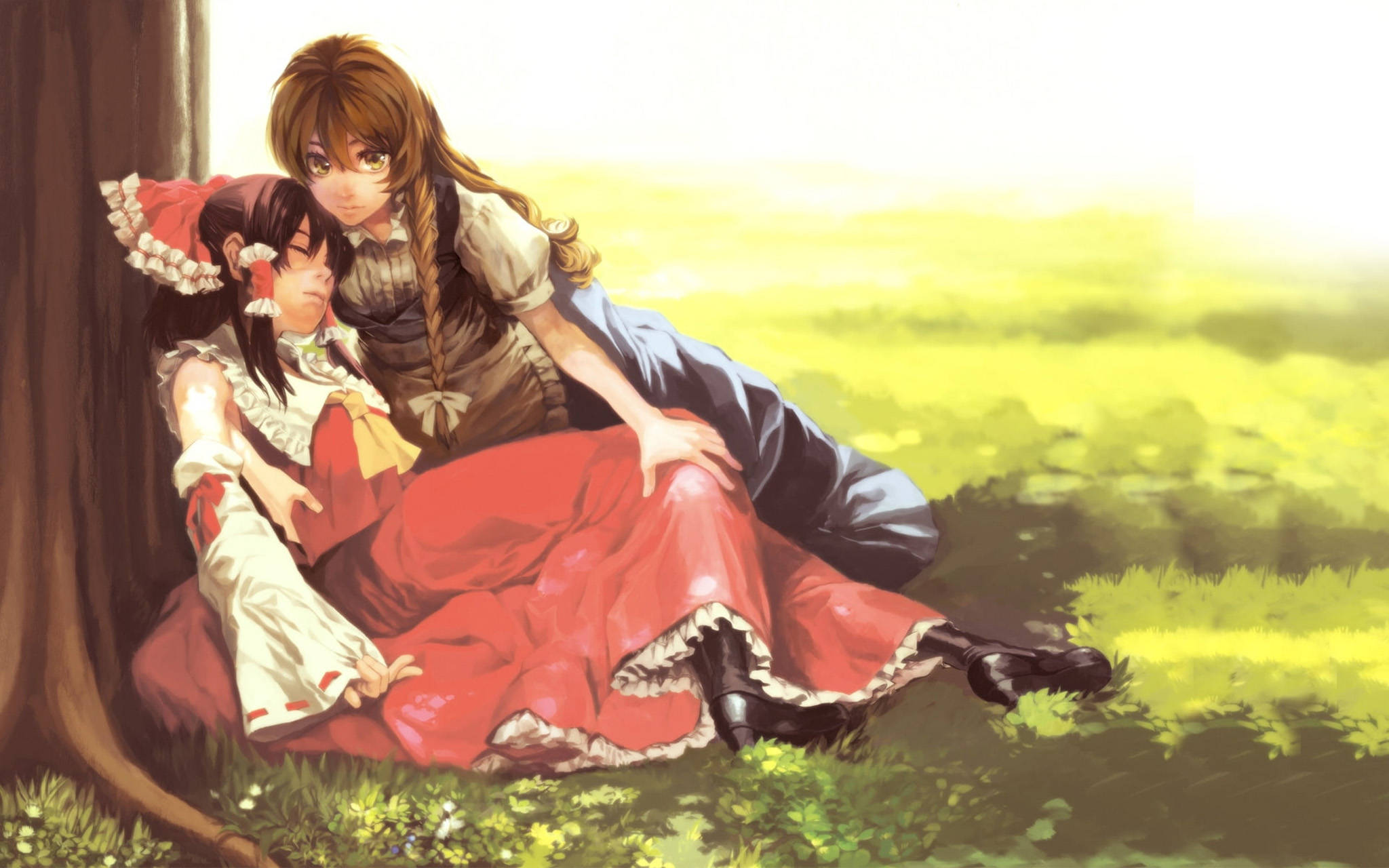 Hai nhân vật anime Reimu và Marisa trong vòng tay yêu thương Hình nền