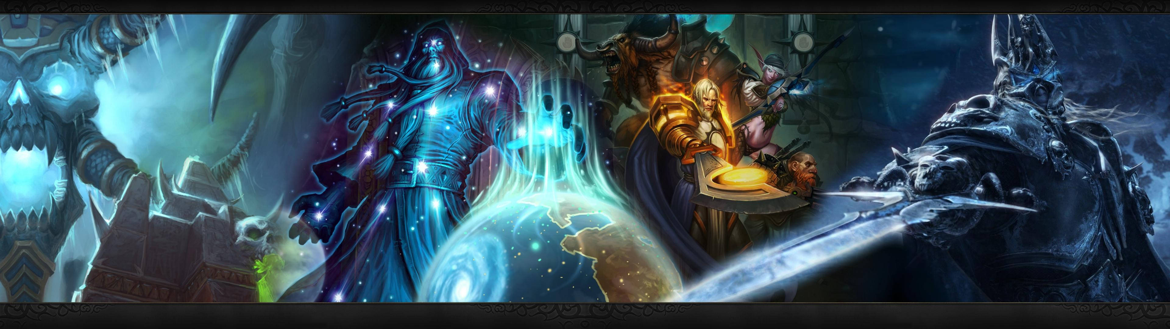 Hai nhân vật World of Warcraft chiến đấu trên màn hình kép Hình nền