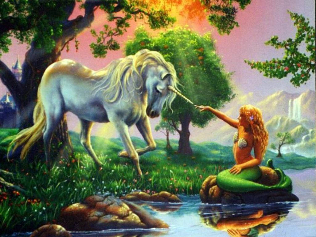Hai sinh vật huyền thoại, nàng tiên cá và kỳ lân, hòa quyện trong khu rừng phép thuật Hình nền