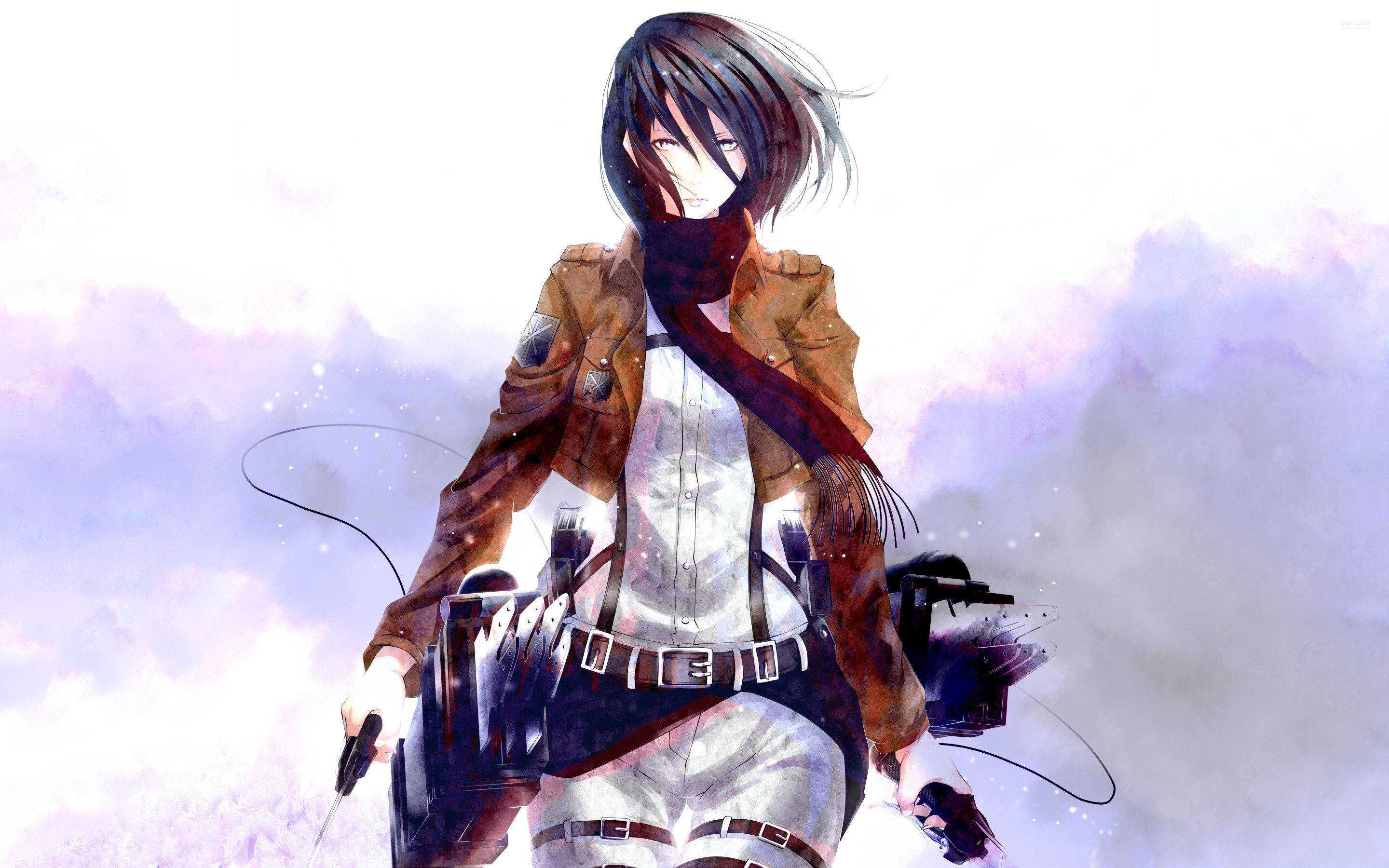 Hai trinh sát dũng cảm, Mikasa Ackerman và Eren Yeager, chuẩn bị chiến đấu trong anime Attack On Titan. Hình nền