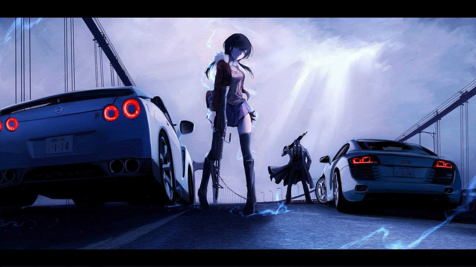 Hai Xe Anime Trên Cầu Hình nền
