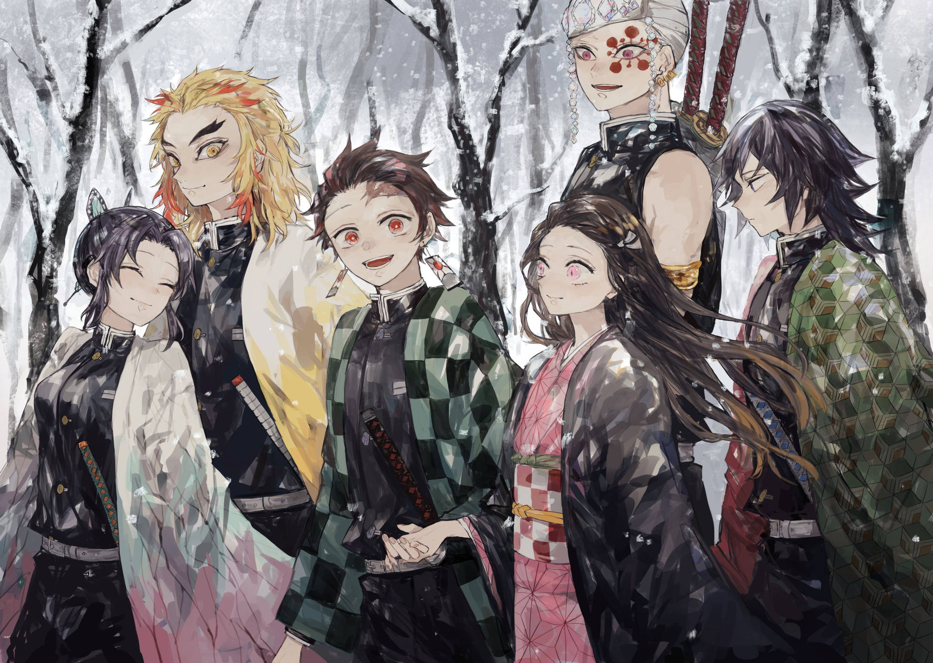 Hình nền Demon Slayer của anh em nhà Kamado đi cùng các Trụ cột trong khu rừng tuyết. — Thanh gươm diệt quỷ 4K GIF Hình nền