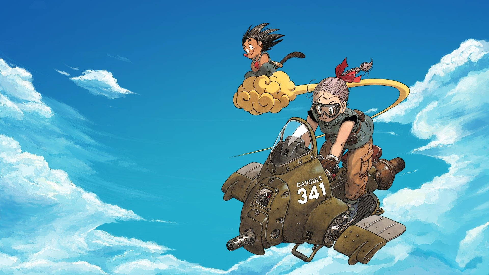 Dragon Ball Z Goten và Pan lái một phương tiện bay trong khi Goten cưỡi một đám mây bay.