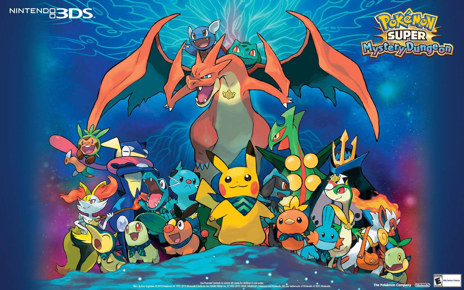 Pokemon Pikachu, Bulbasaur, Ivysaur, Charmeleon, Charizard và Squirtle cùng với các Pokemon khác trong mystery dungeon.