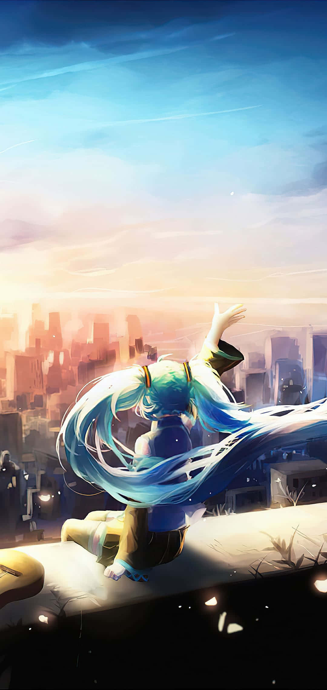 Hatsune Miku Ngắm Thành Phố Từ Sân Thượng Hình nền