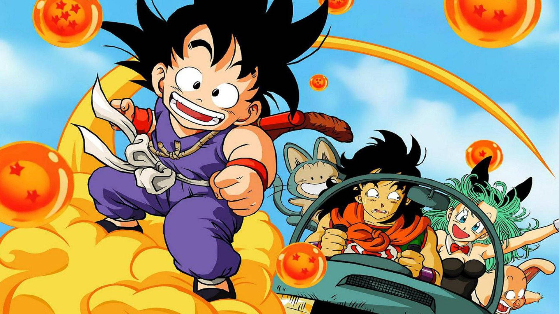 Dragon Ball Z Gohan với Maron và chồng cô ấy lái xe trong khi Gohan cưỡi một đám mây bay.